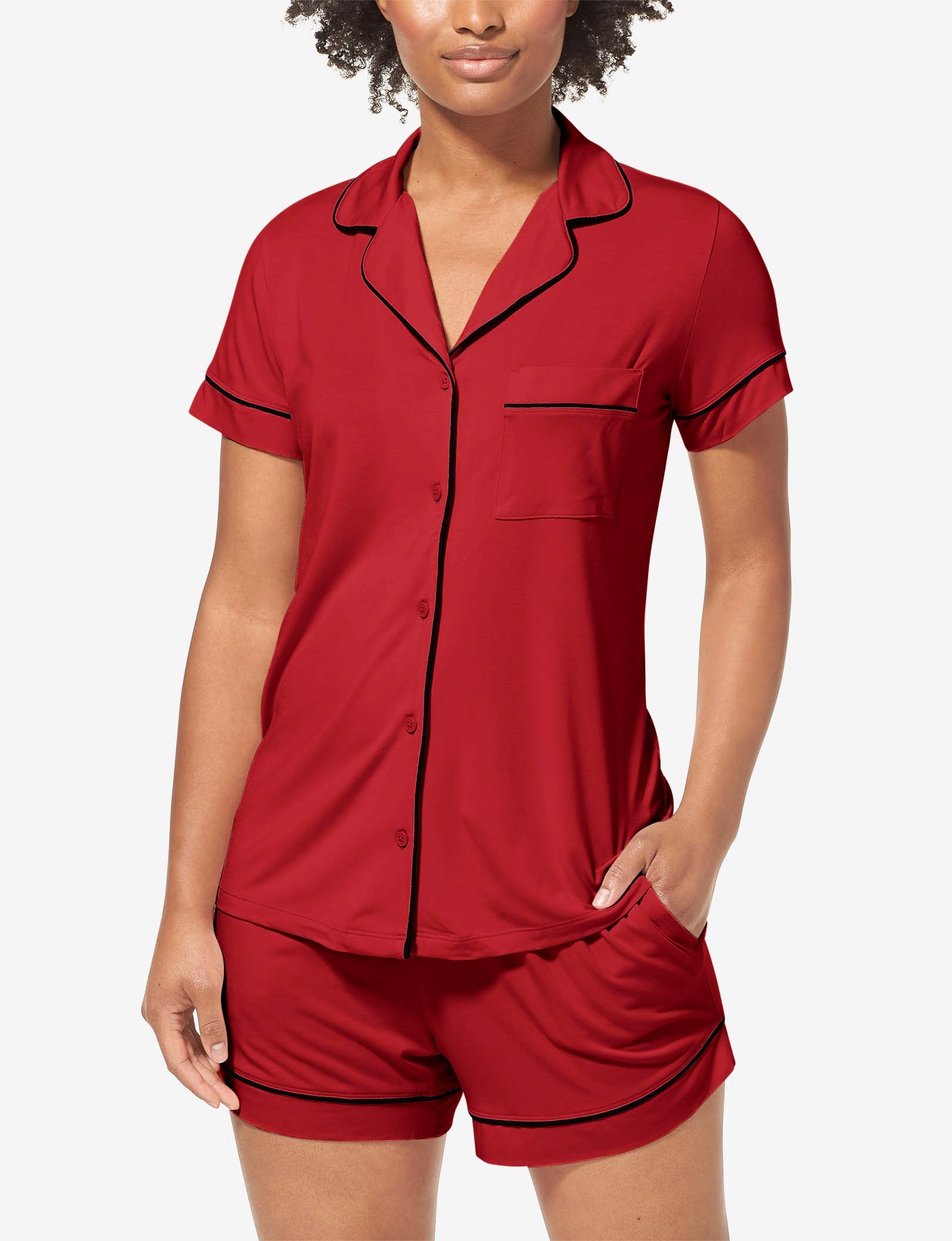 Women's Short Sleeve Top & Short Pajama Set::Haute Red