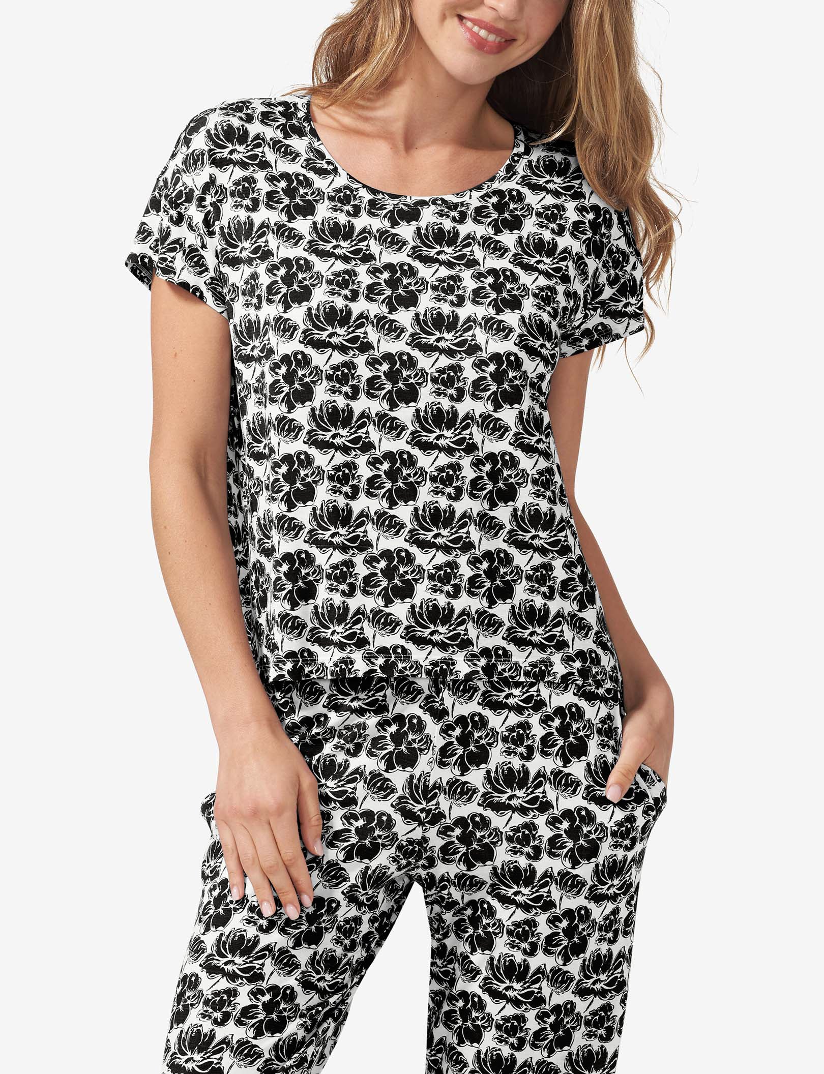 Women's Second Skin Sleep Tee::Black Etched Floral