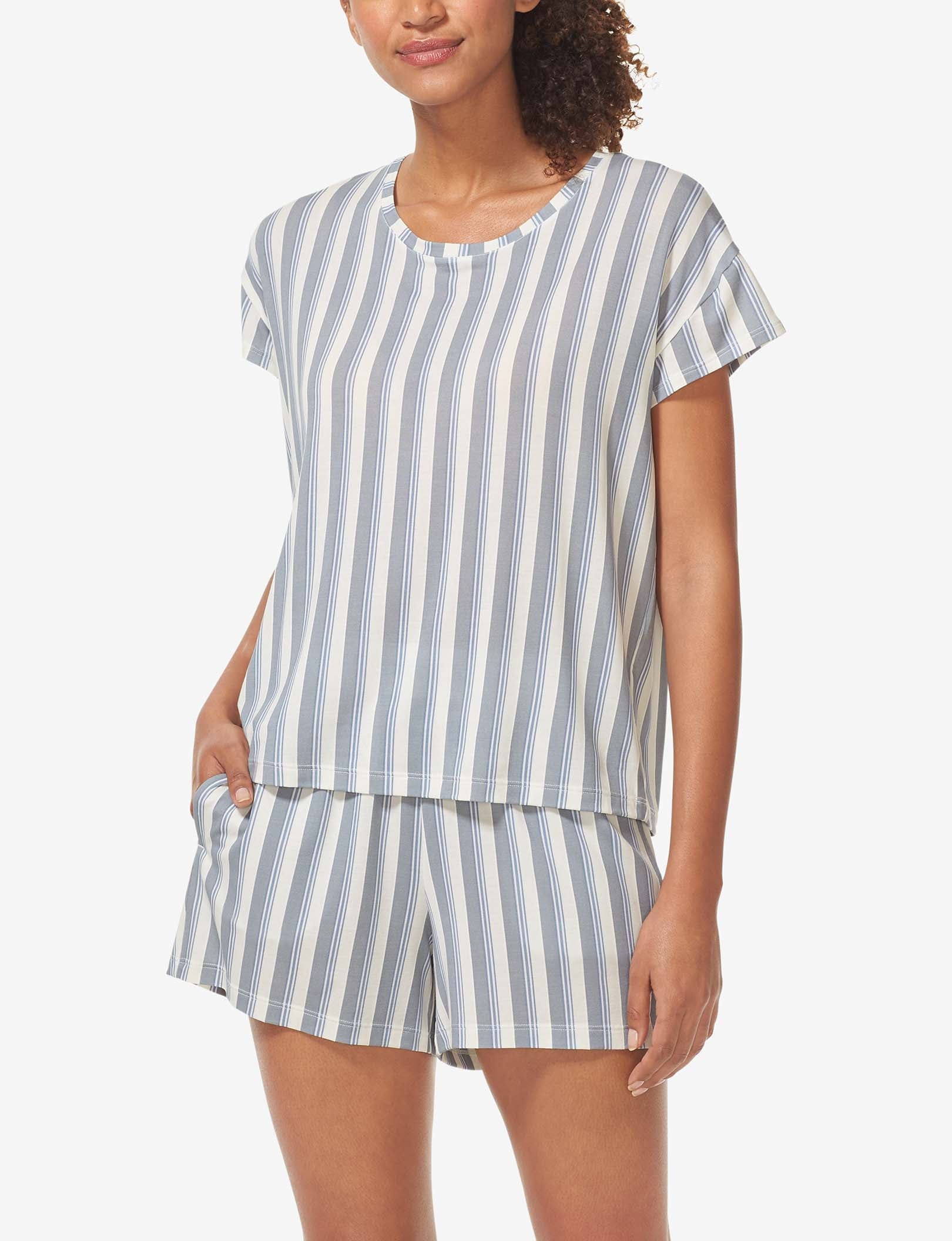 Women's Second Skin Sleep Tee::Blue Blush Goodnight Stripe
