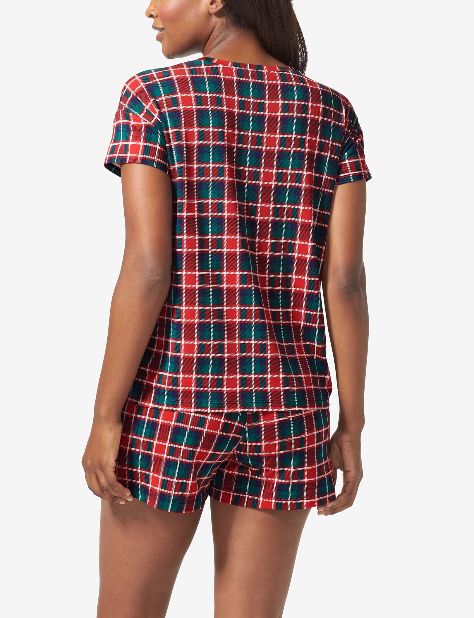 Women's Second Skin Sleep Tee::Haute Red Fireplace Plaid
