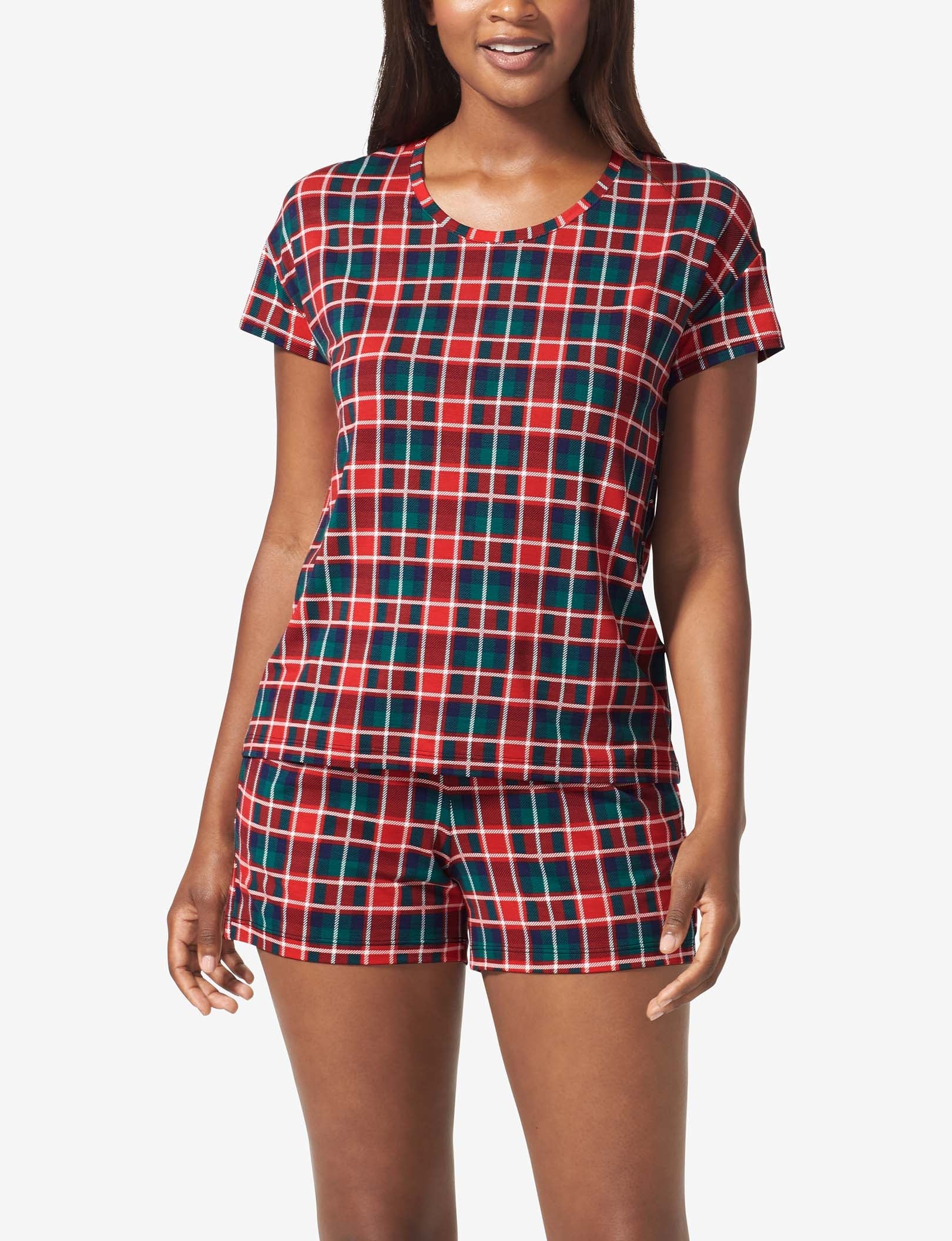 Women's Second Skin Sleep Tee::Haute Red Fireplace Plaid