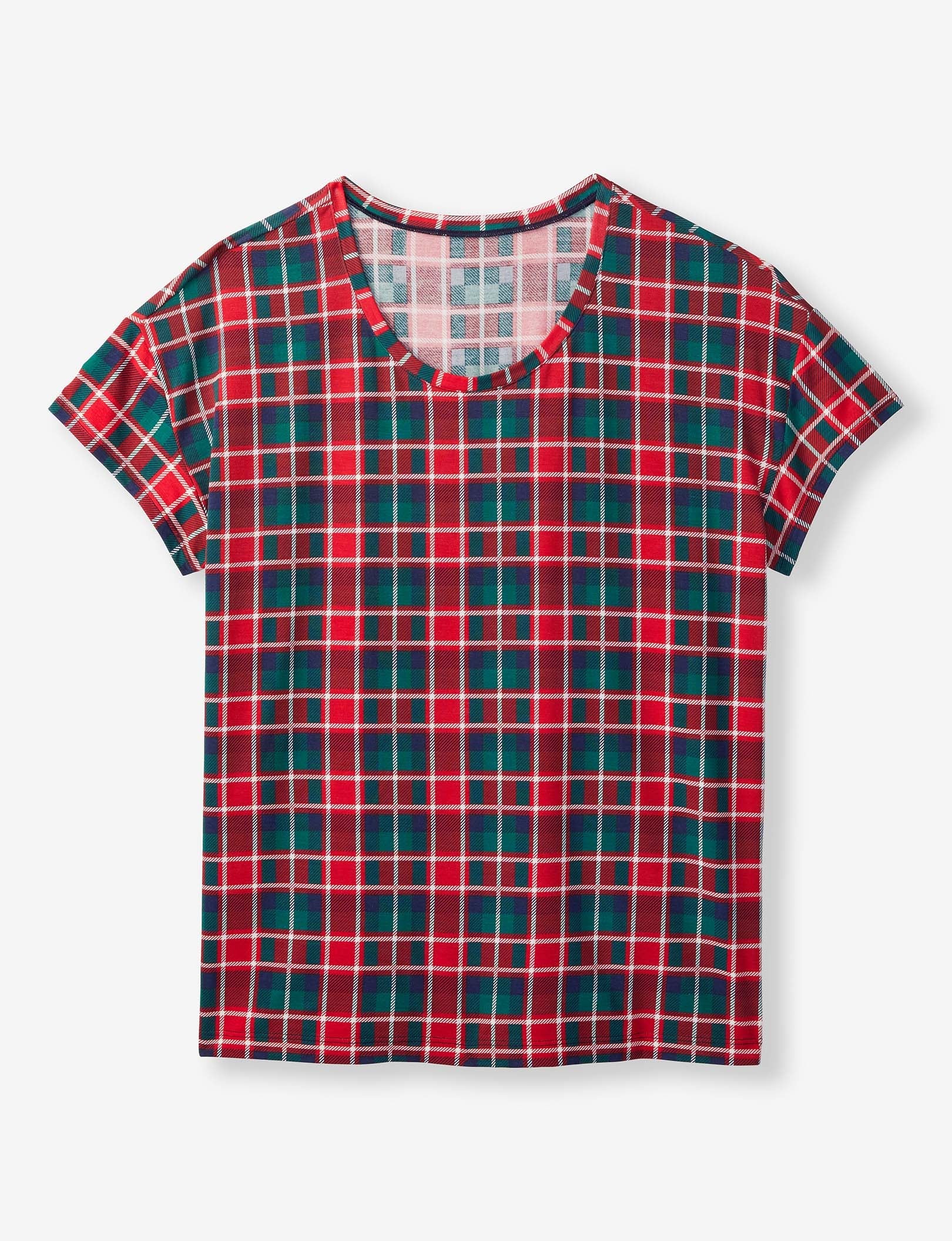 Women's Second Skin Sleep Tee::Haute Red Fireplace Plaid