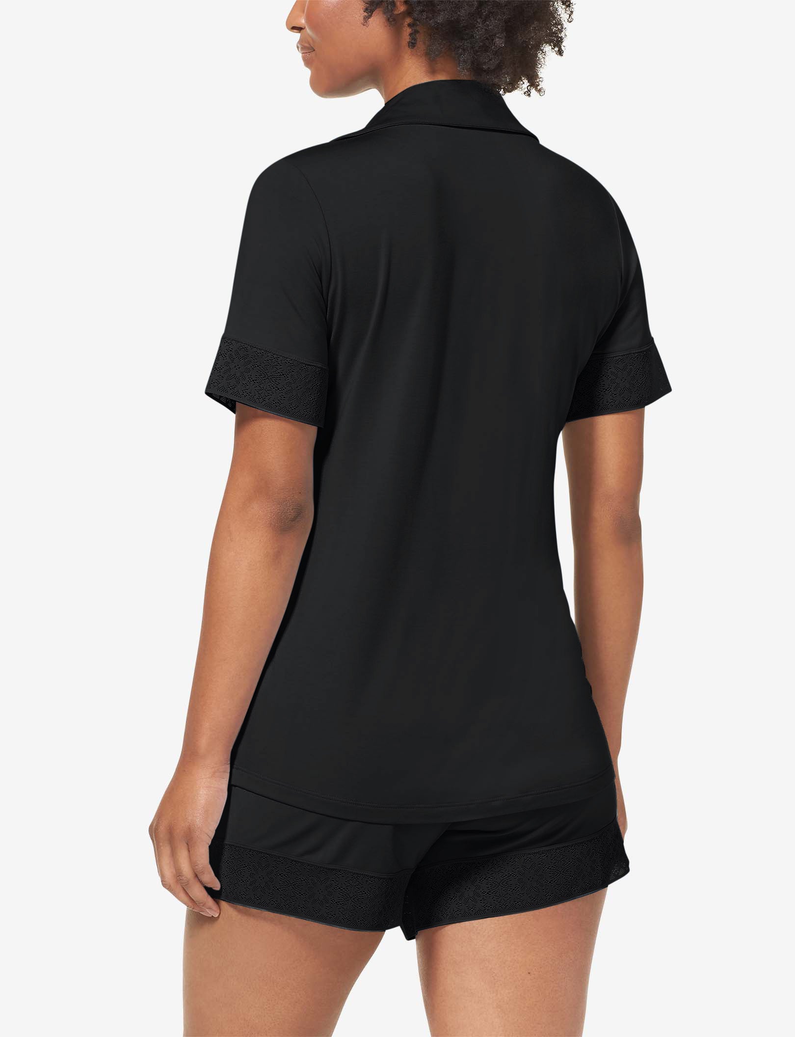 Women's Pajama Short Sleeve Top, Lace Trim::Black