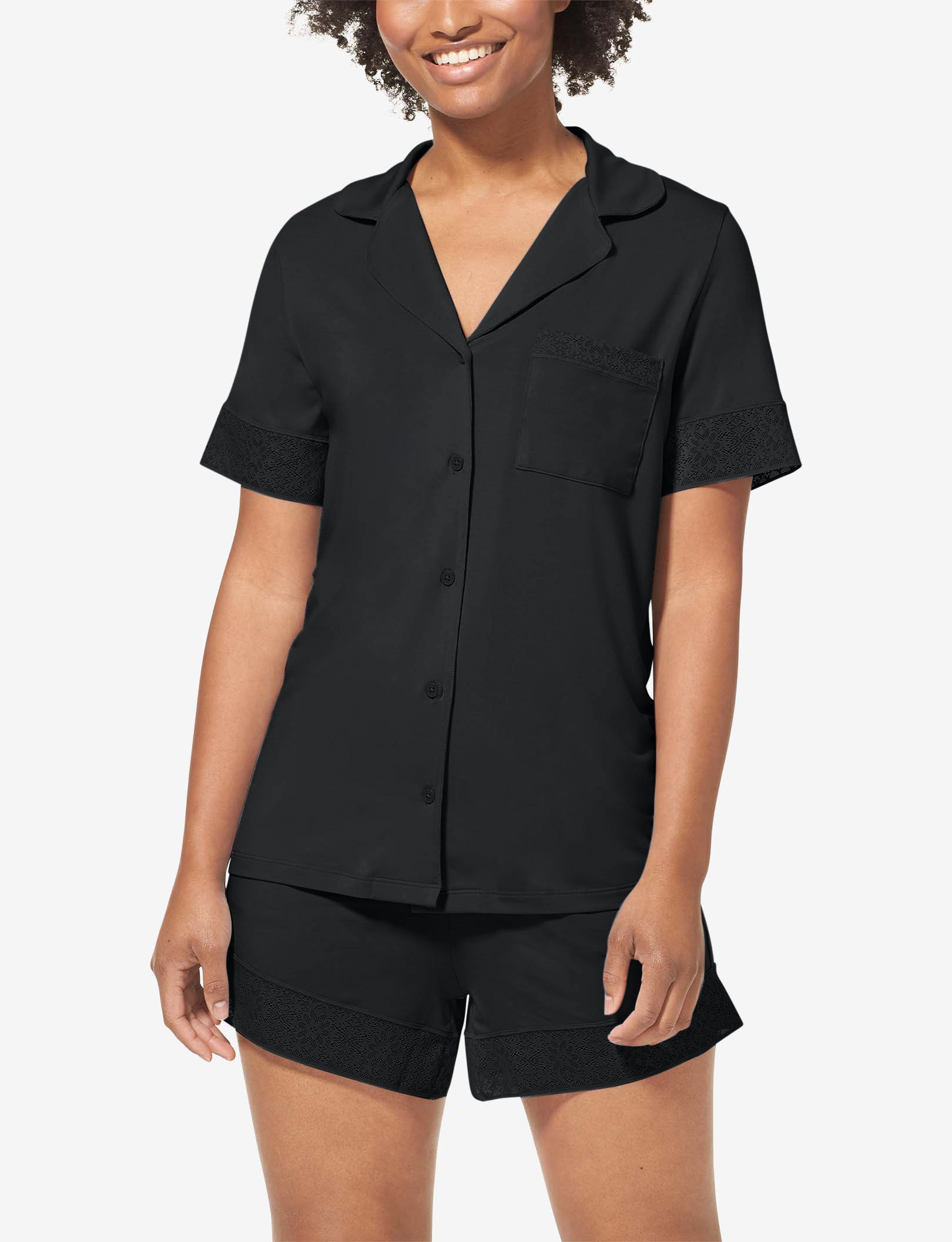 Women's Pajama Short Sleeve Top, Lace Trim::Black