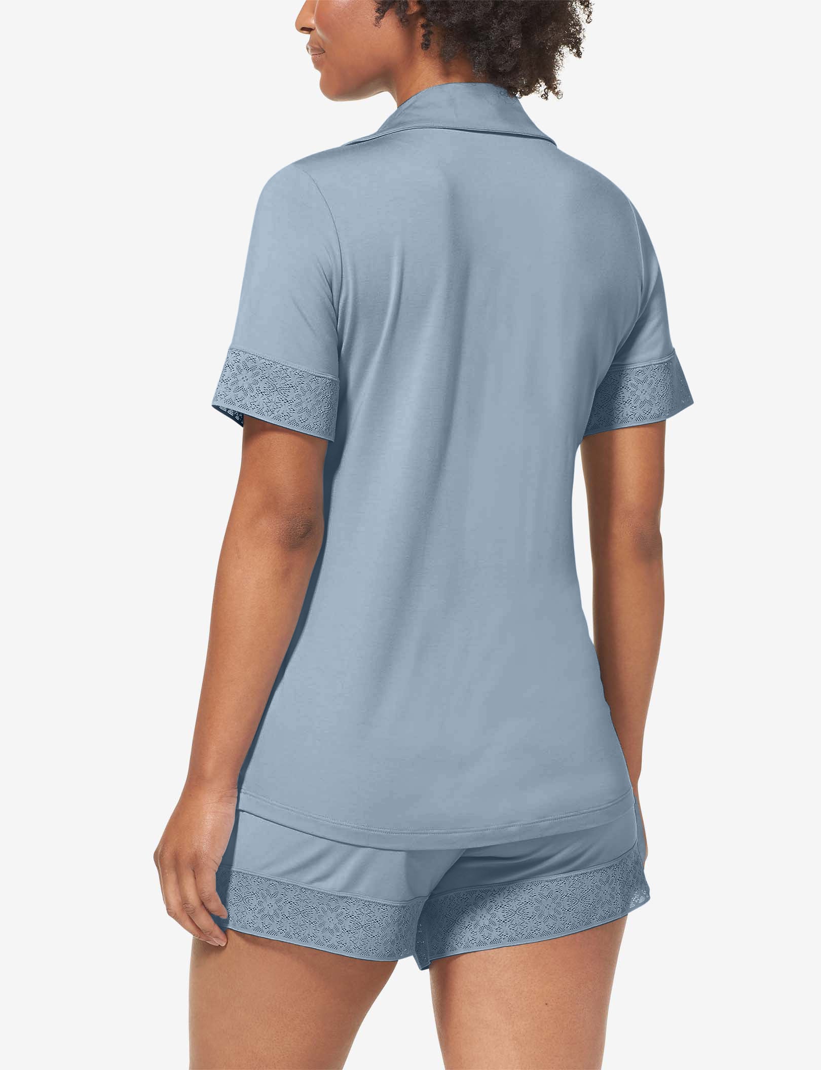Women's Pajama Short Sleeve Top, Lace Trim::Blue Fog