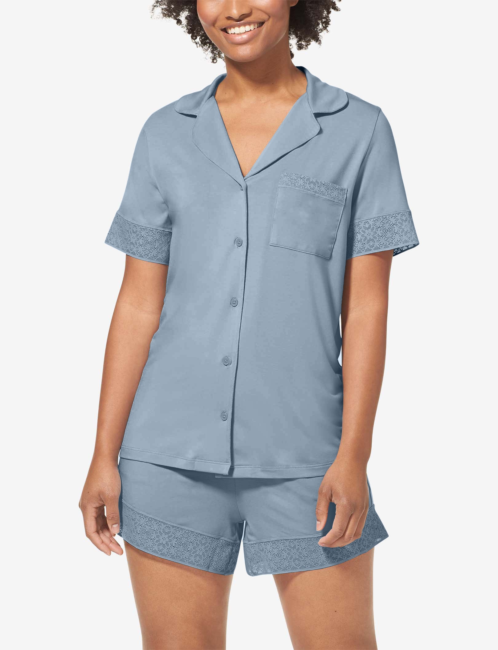 Women's Pajama Short Sleeve Top, Lace Trim::Blue Fog