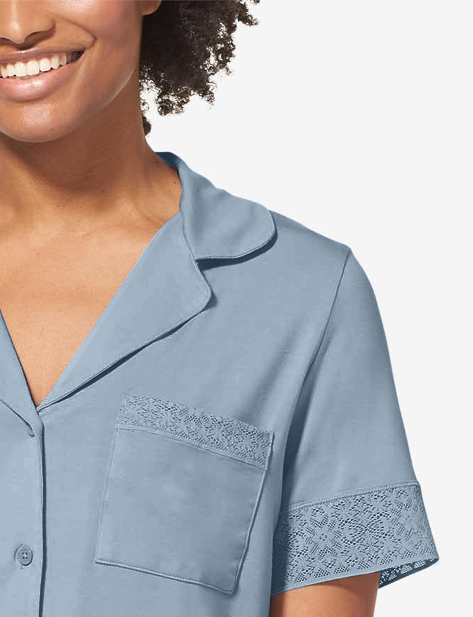 Women's Pajama Short Sleeve Top, Lace Trim::Blue Fog