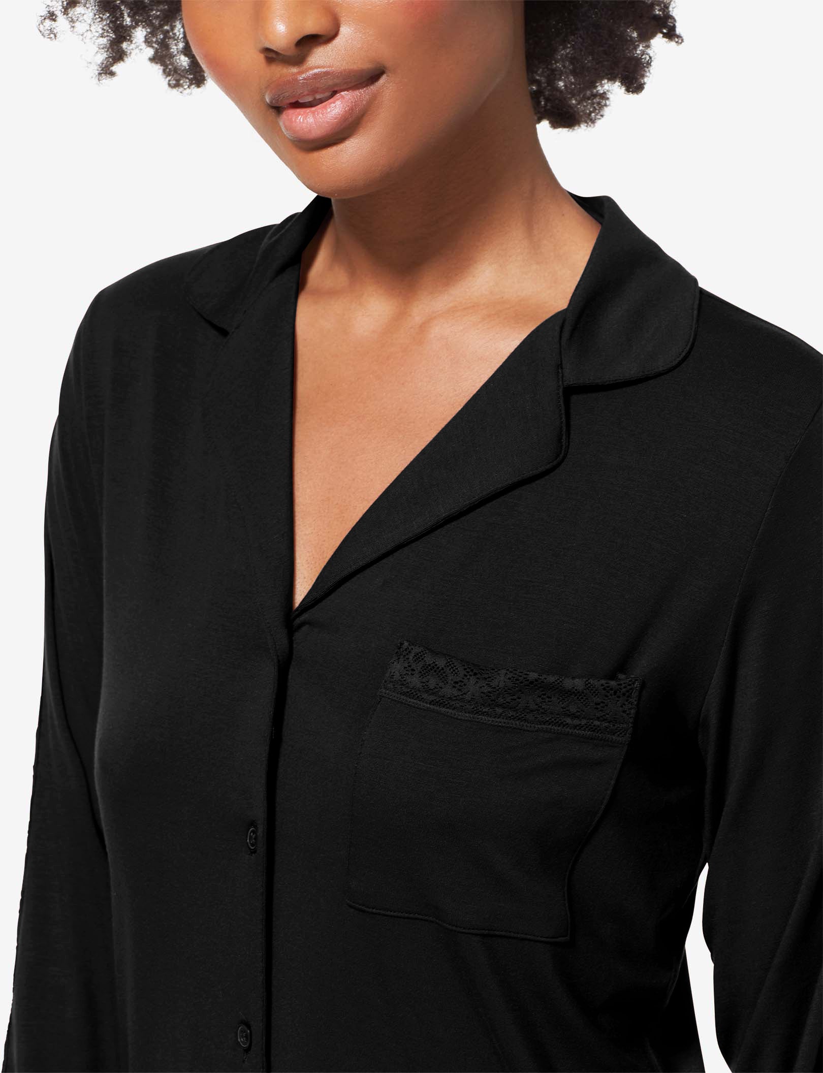 Women's Pajama Long Sleeve Top, Lace Trim::Black