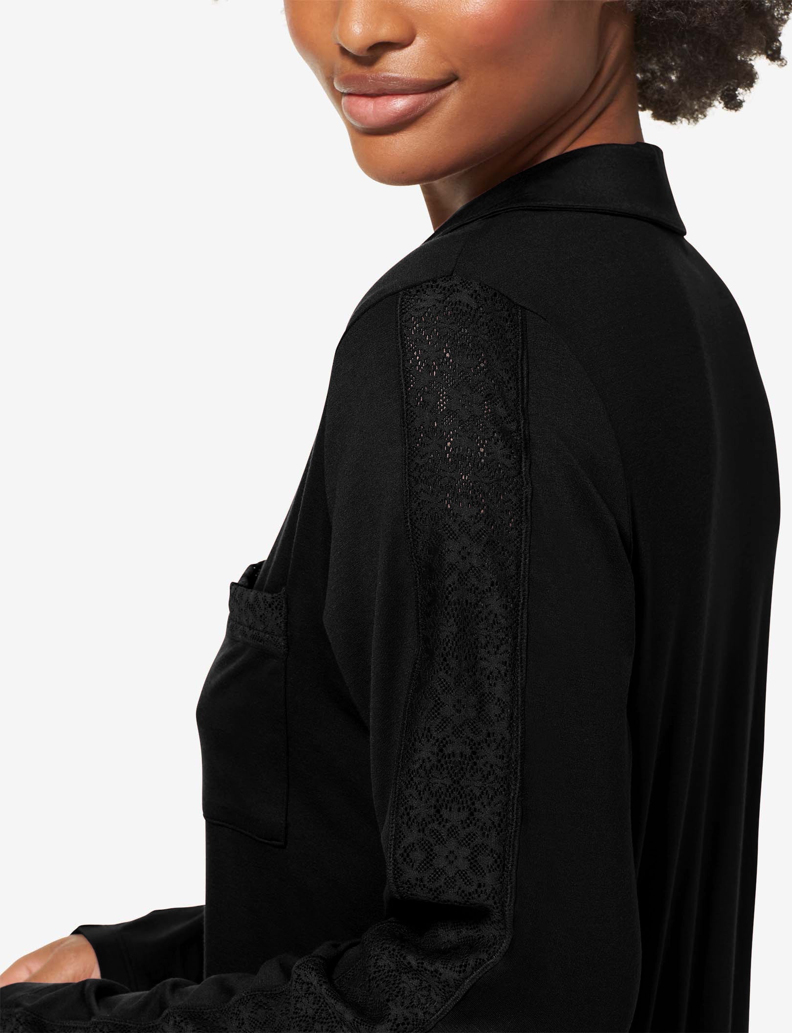 Women's Pajama Long Sleeve Top, Lace Trim::Black