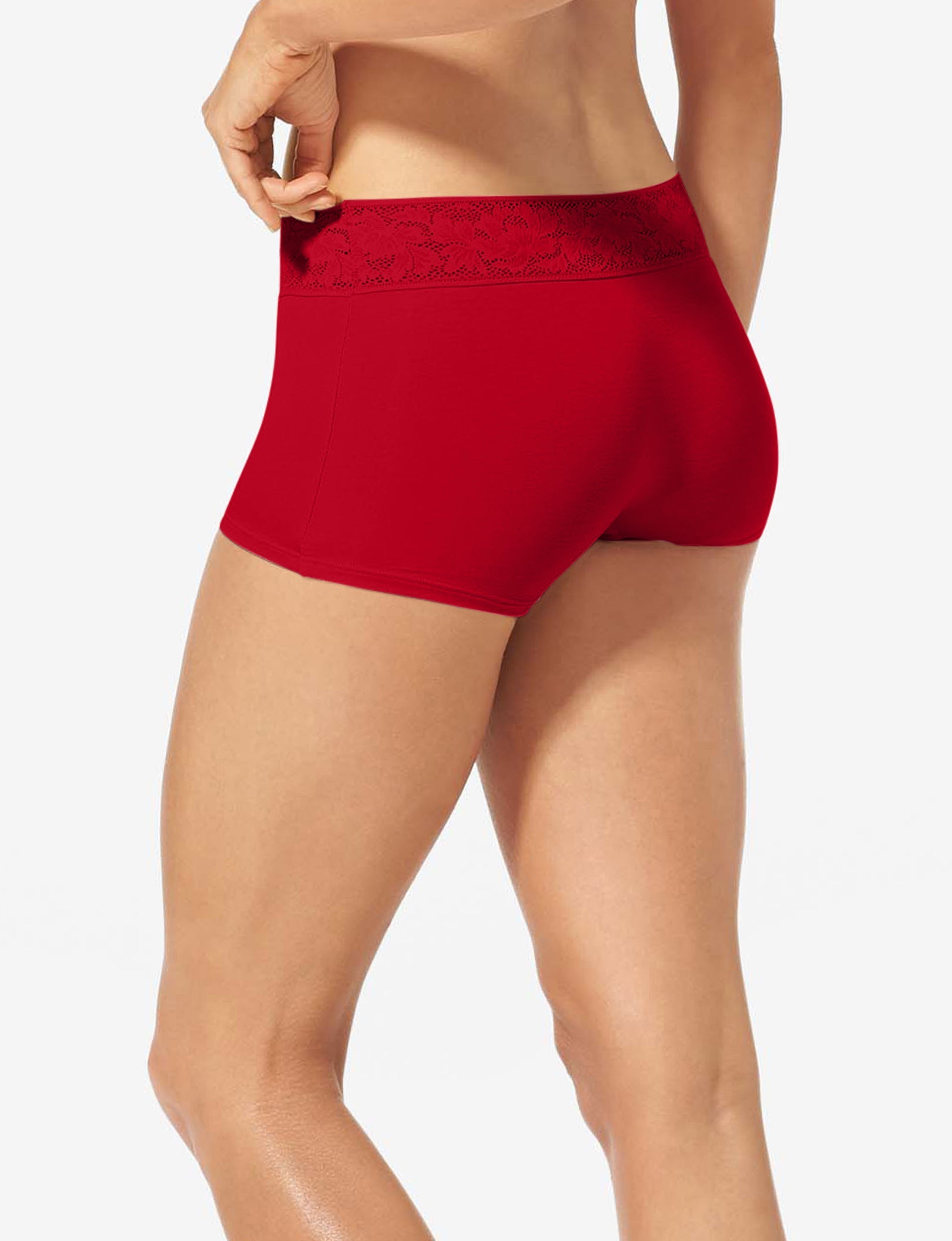 Women's Second Skin Boyshort, Lace Waist::Haute Red Lace Waist