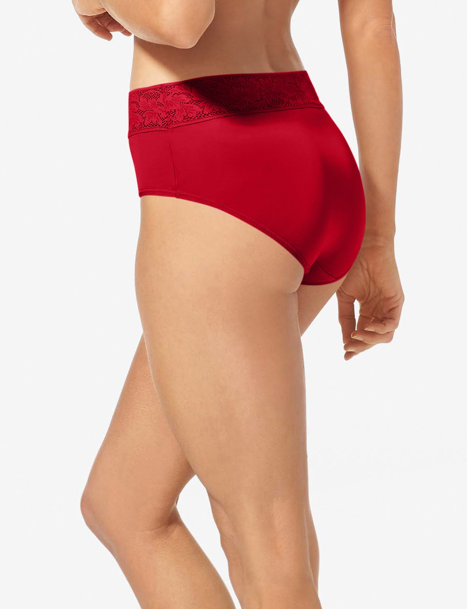 Women's Second Skin High Rise Brief, Lace Waist::Haute Red Lace Waist