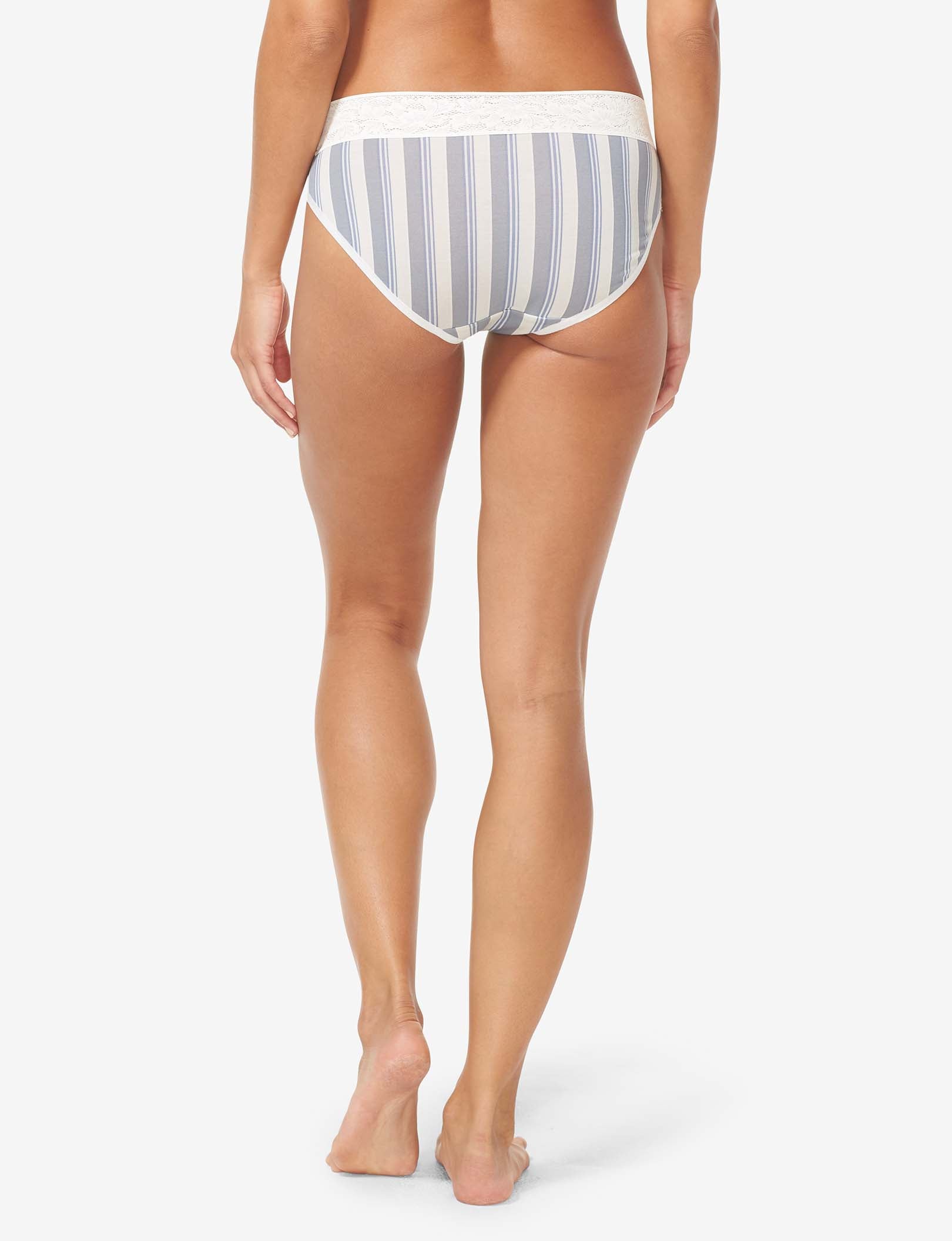 Women's Second Skin Brief, Lace Waist::Blue Blush Goodnight Stripe Lace Waist
