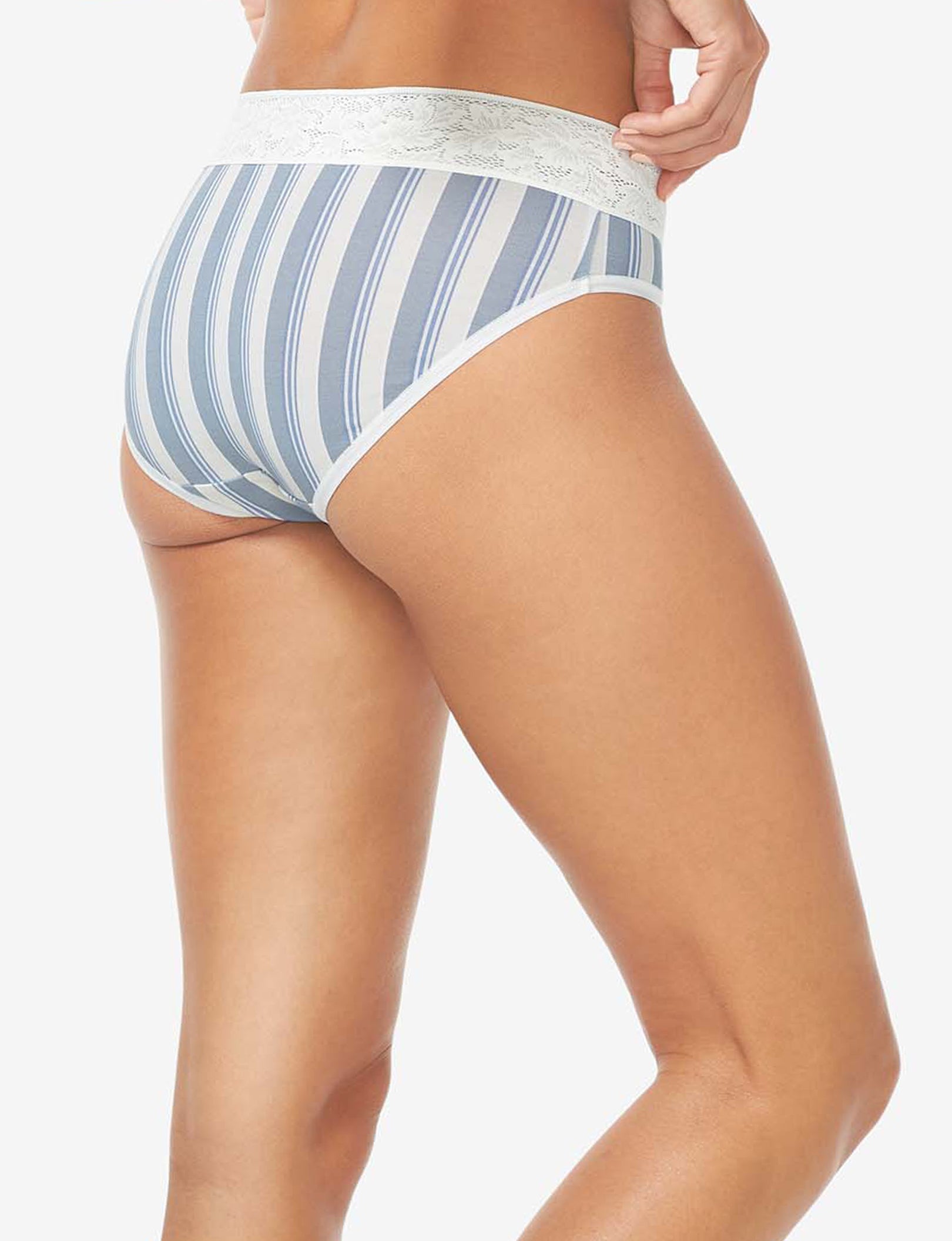 Women's Second Skin Brief, Lace Waist::Blue Blush Goodnight Stripe Lace Waist