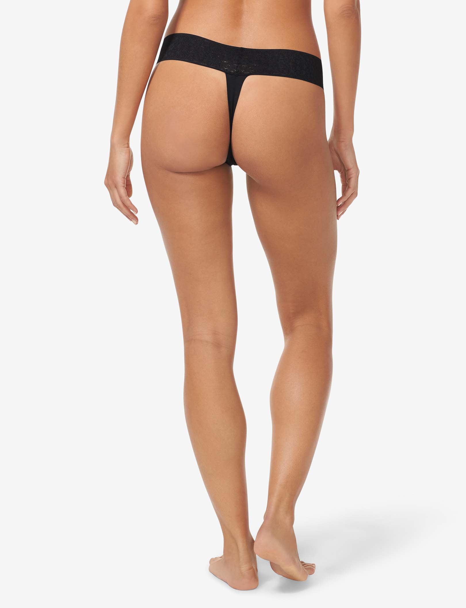 Women's Cool Cotton Thong, Lace Waist::Black Lace Waist