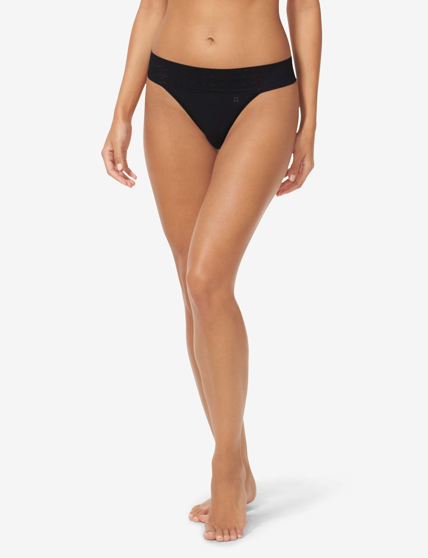 Women's Cool Cotton Thong, Lace Waist::Black Lace Waist