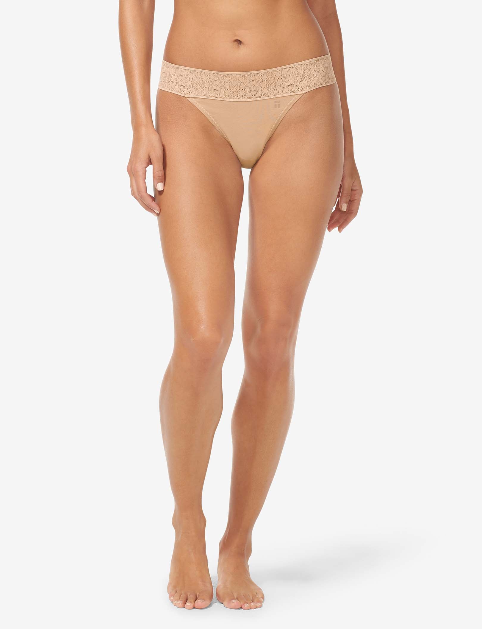 Women's Cool Cotton Thong, Lace Waist::Maple Sugar Lace Waist