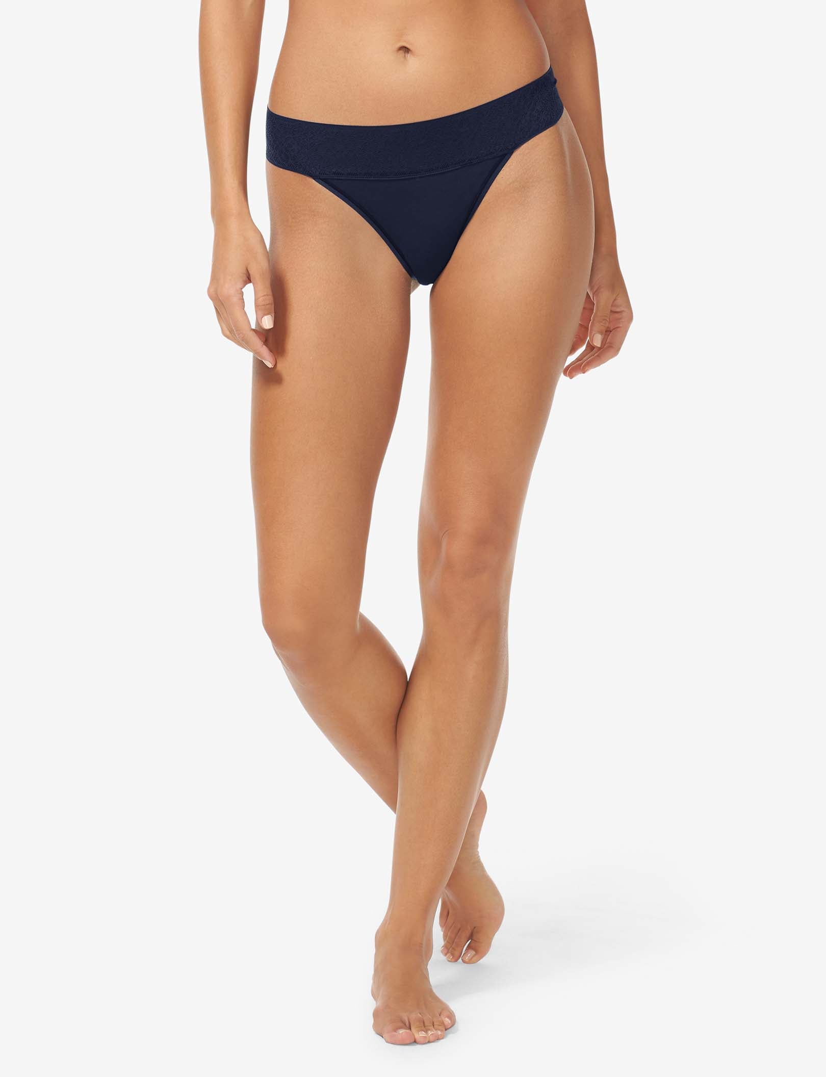 Women's Cool Cotton Thong, Lace Waist::Navy Lace Waist