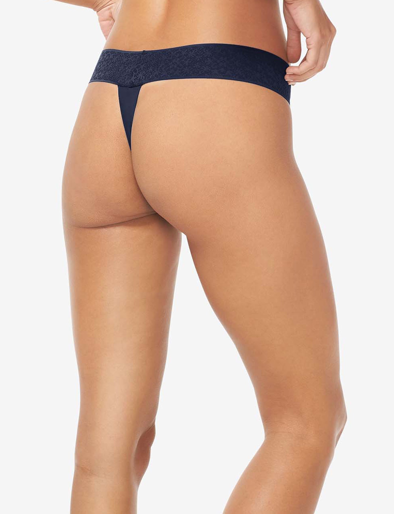 Women's Cool Cotton Thong, Lace Waist::Navy Lace Waist
