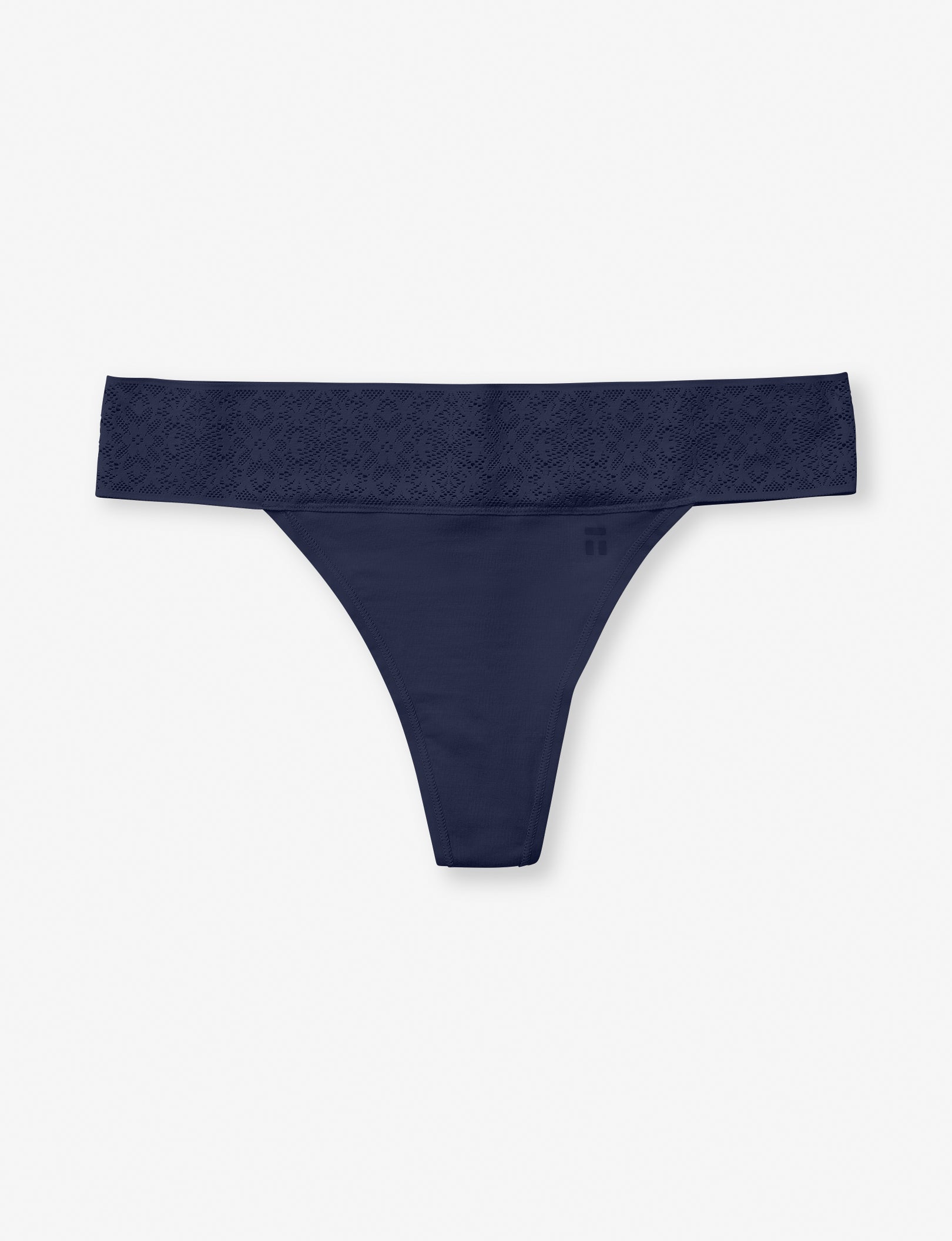 Women's Cool Cotton Thong, Lace Waist::Navy Lace Waist