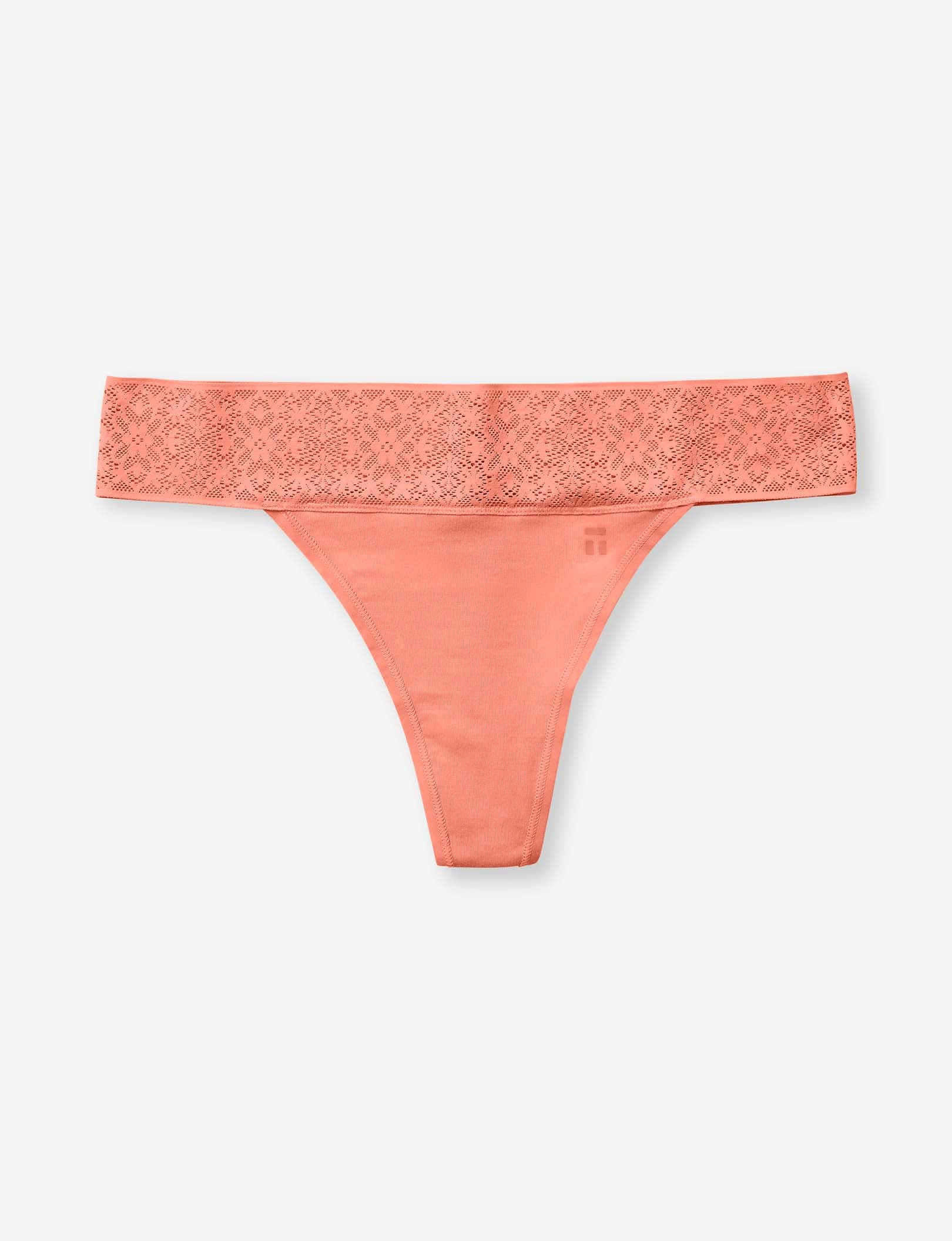Women's Cool Cotton Thong, Lace Waist::Peach Lace Waist