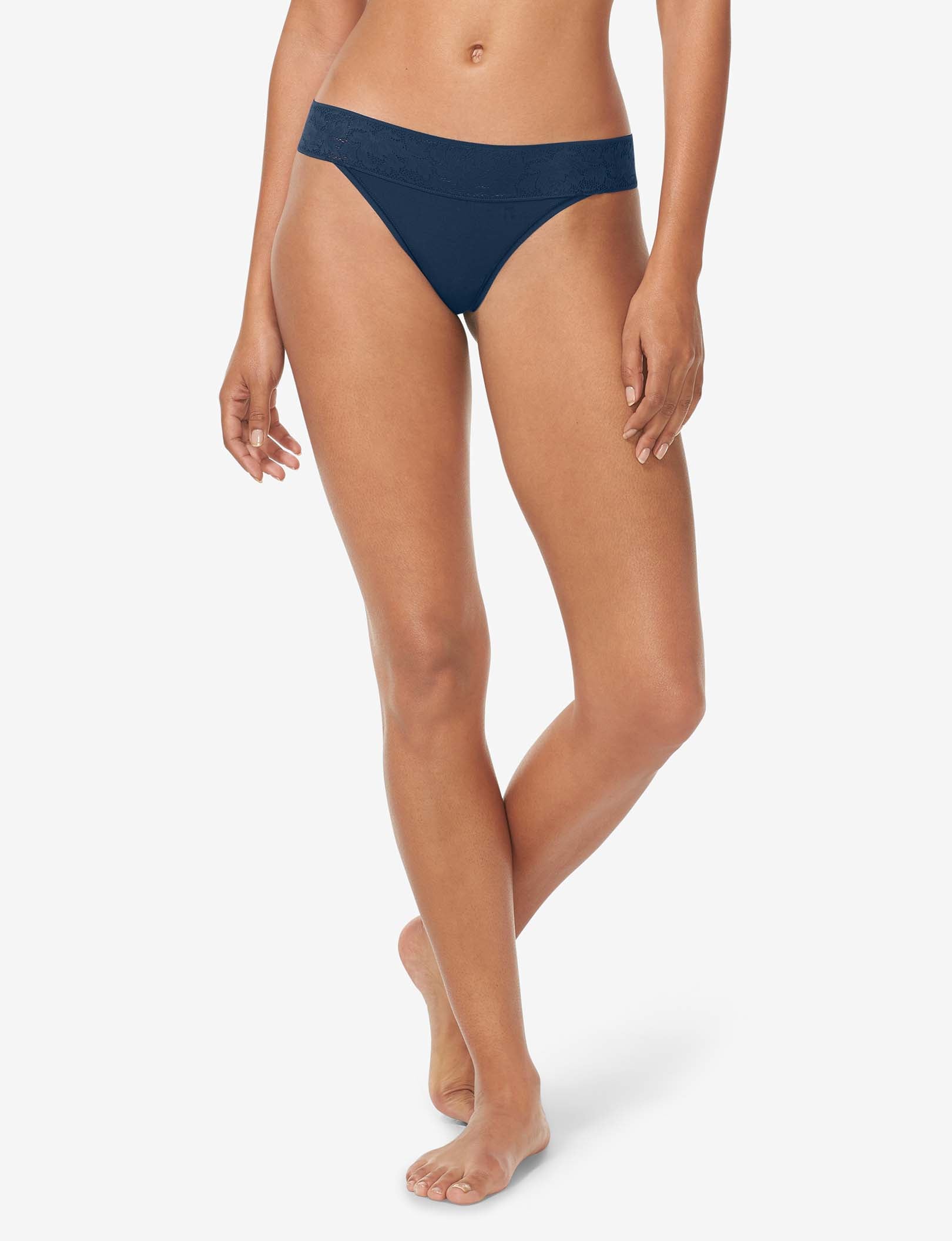 Women's Second Skin Thong, Lace Waist::Dress Blues Lace Waist