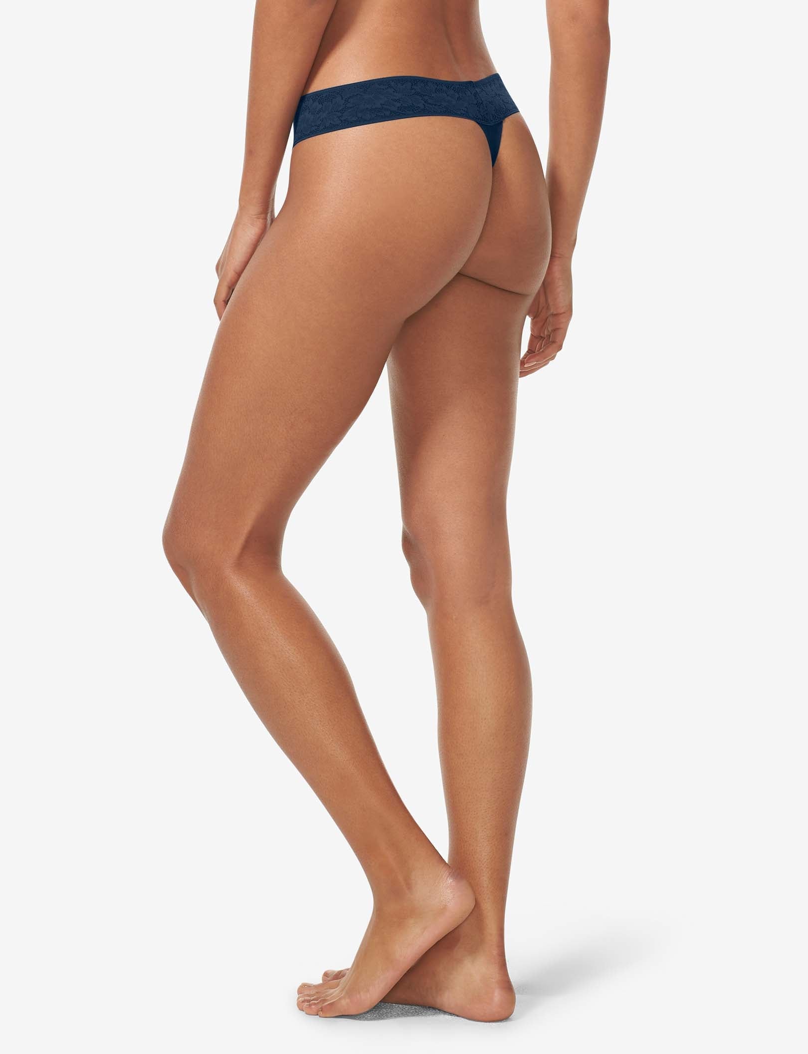 Women's Second Skin Thong, Lace Waist::Dress Blues Lace Waist