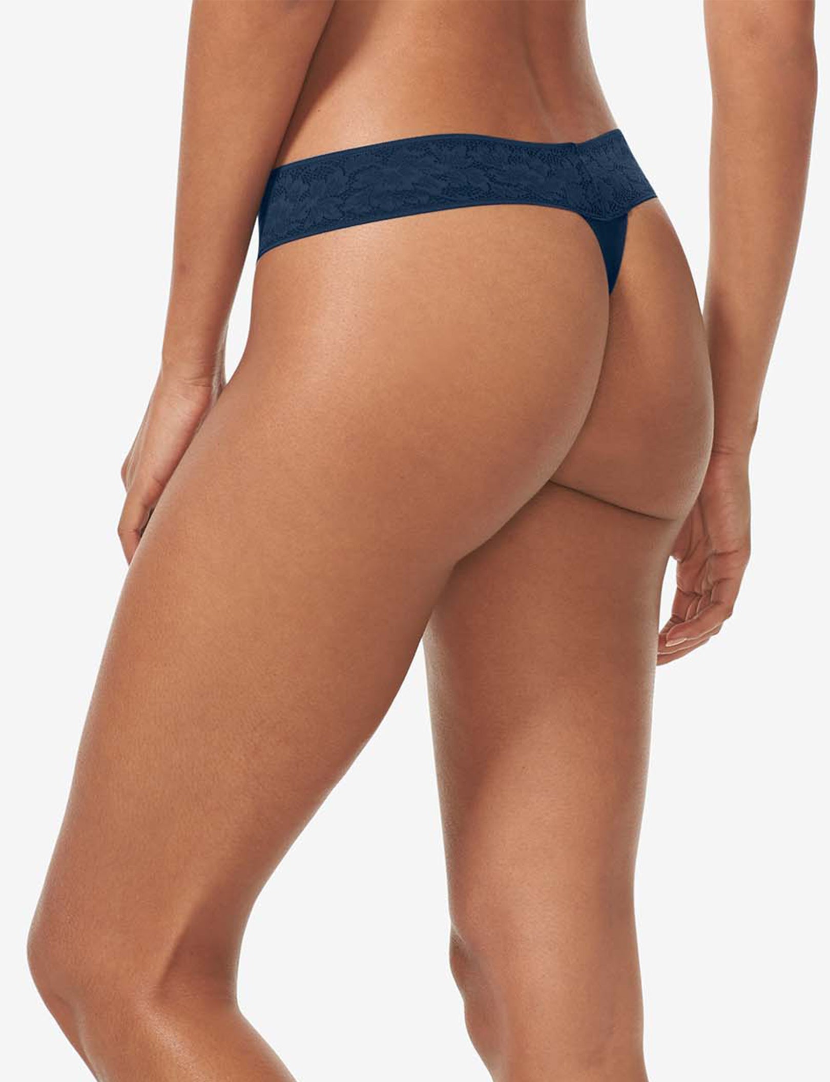 Women's Second Skin Thong, Lace Waist::Dress Blues Lace Waist