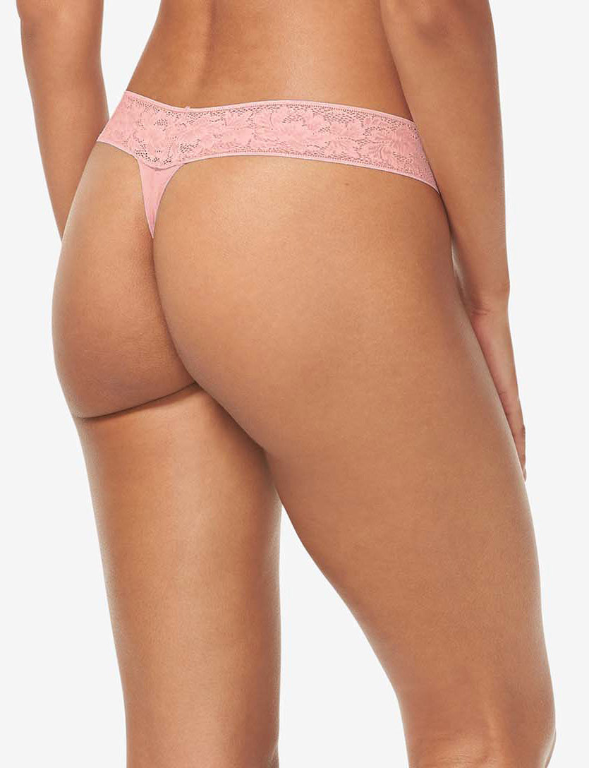 Women's Second Skin Thong, Lace Waist::Flamingo Pink Lace Waist