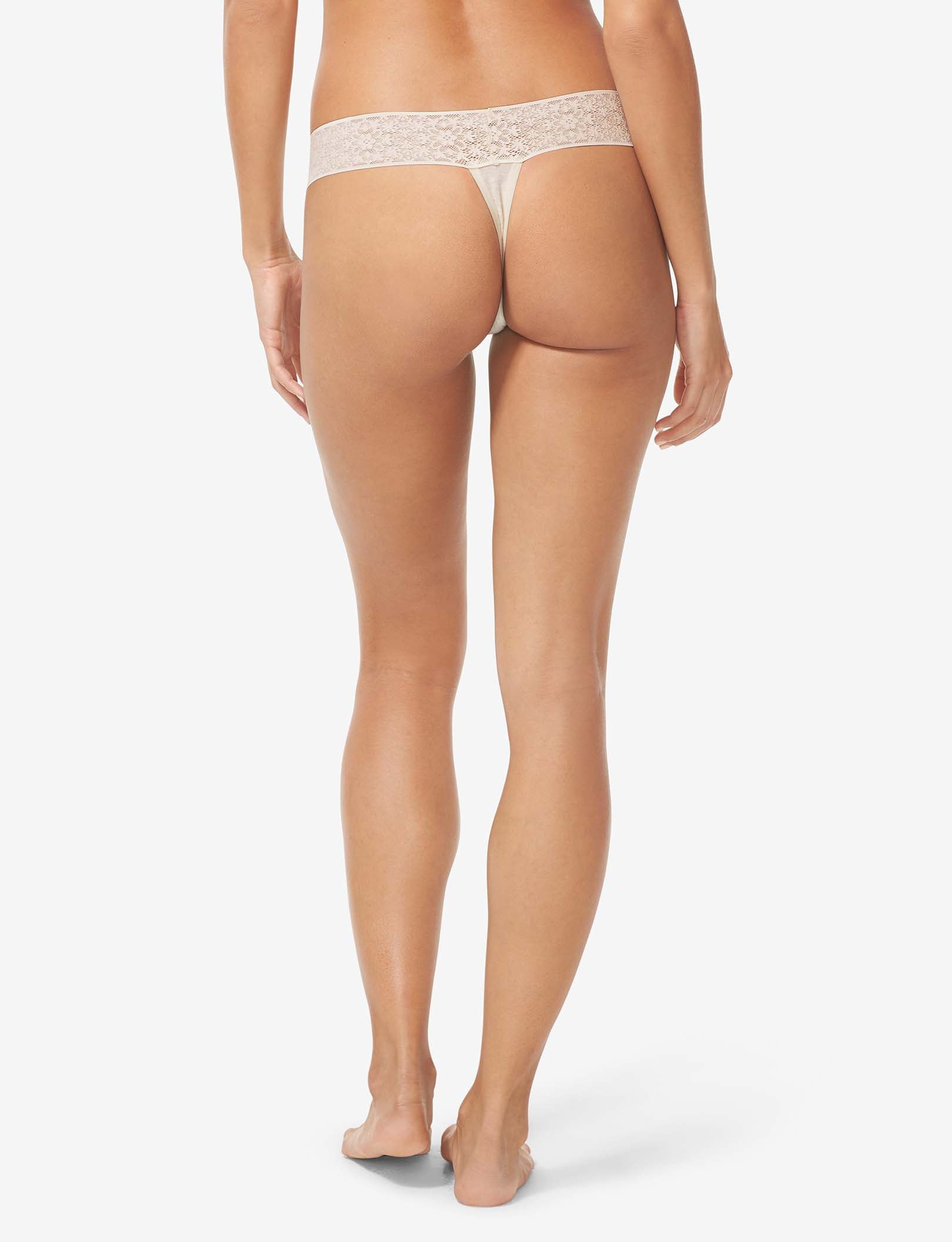 Women's Cool Cotton Thong, Lace Waist::Oatmeal Heather Lace Waist