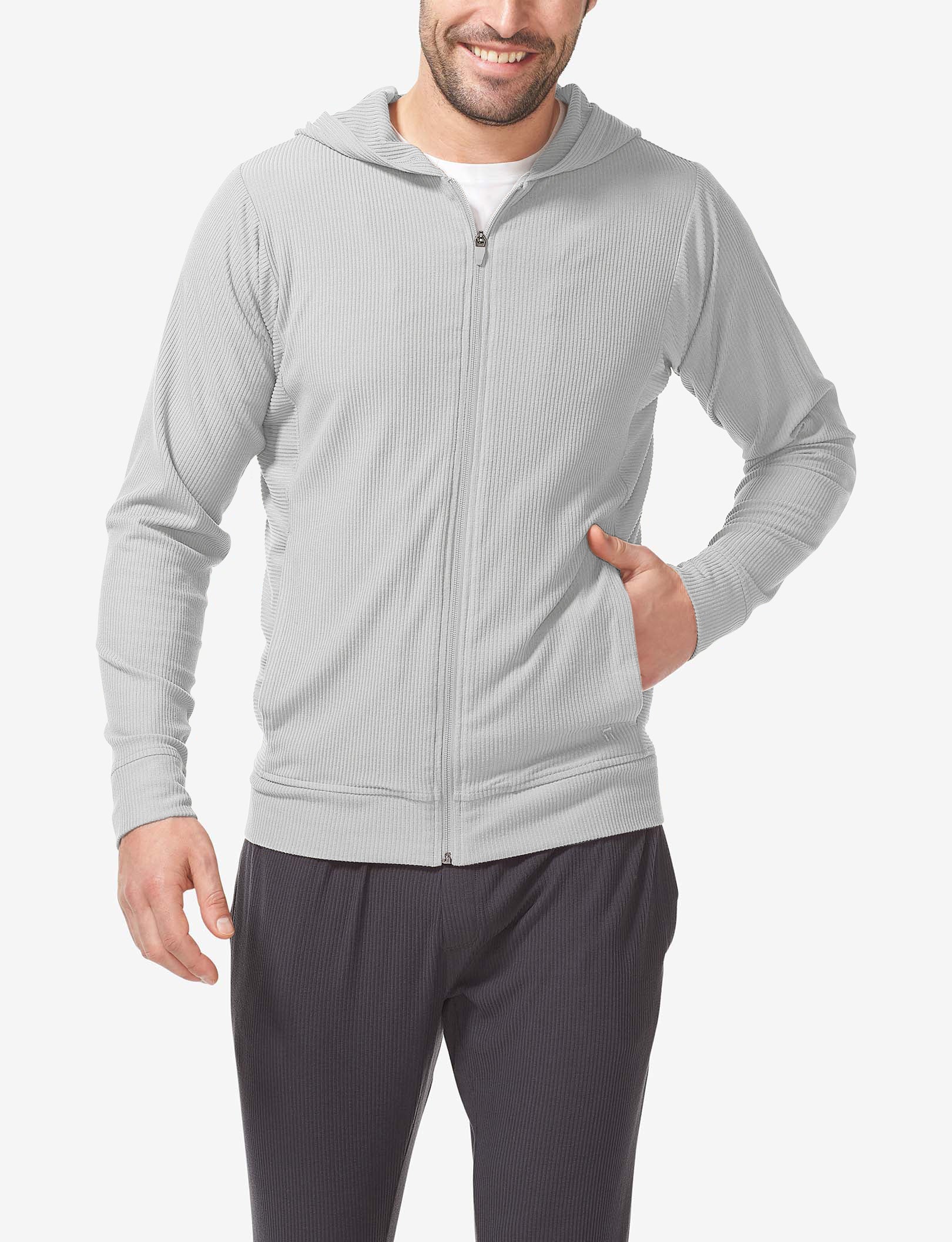 Zen Ribbed Full Zip Hoodie::Mirage Gray