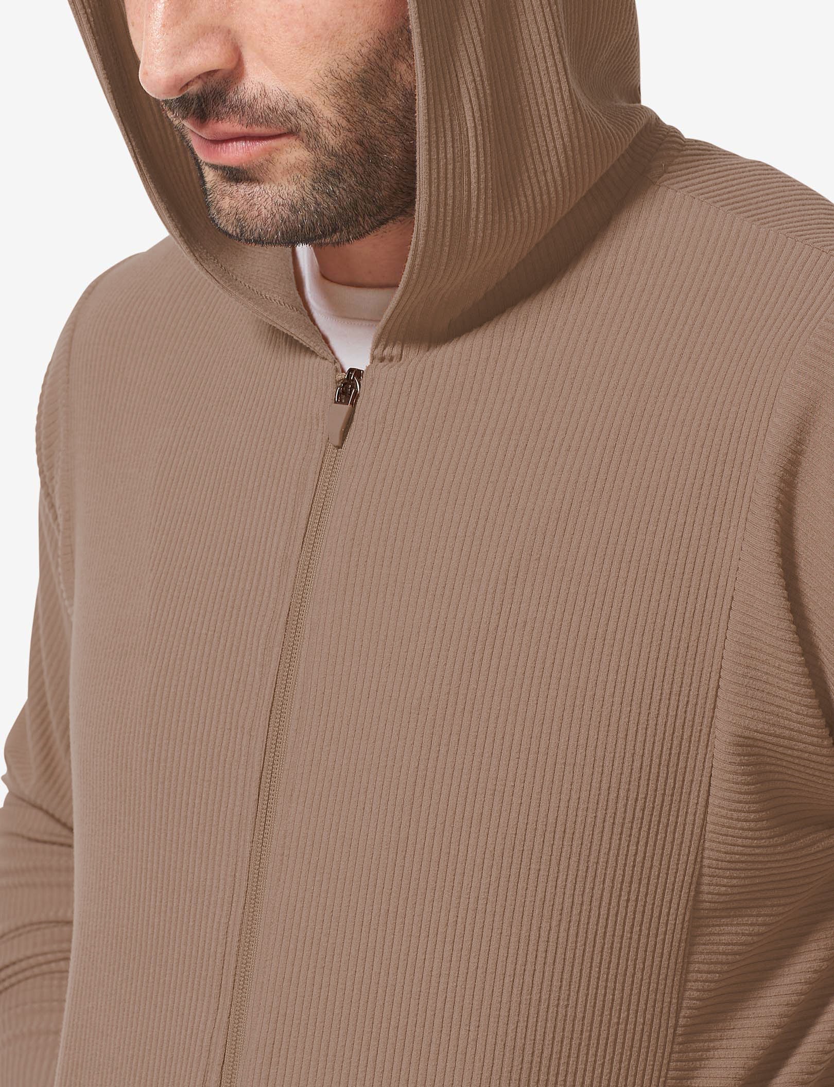 Zen Ribbed Full Zip Hoodie::Woodsmoke