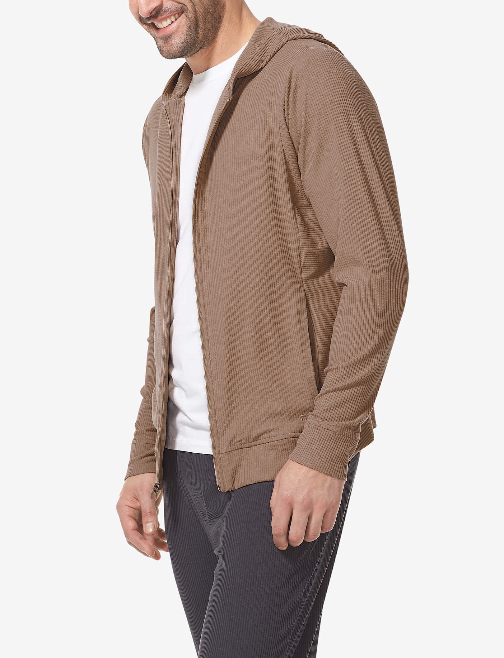 Zen Ribbed Full Zip Hoodie::Woodsmoke
