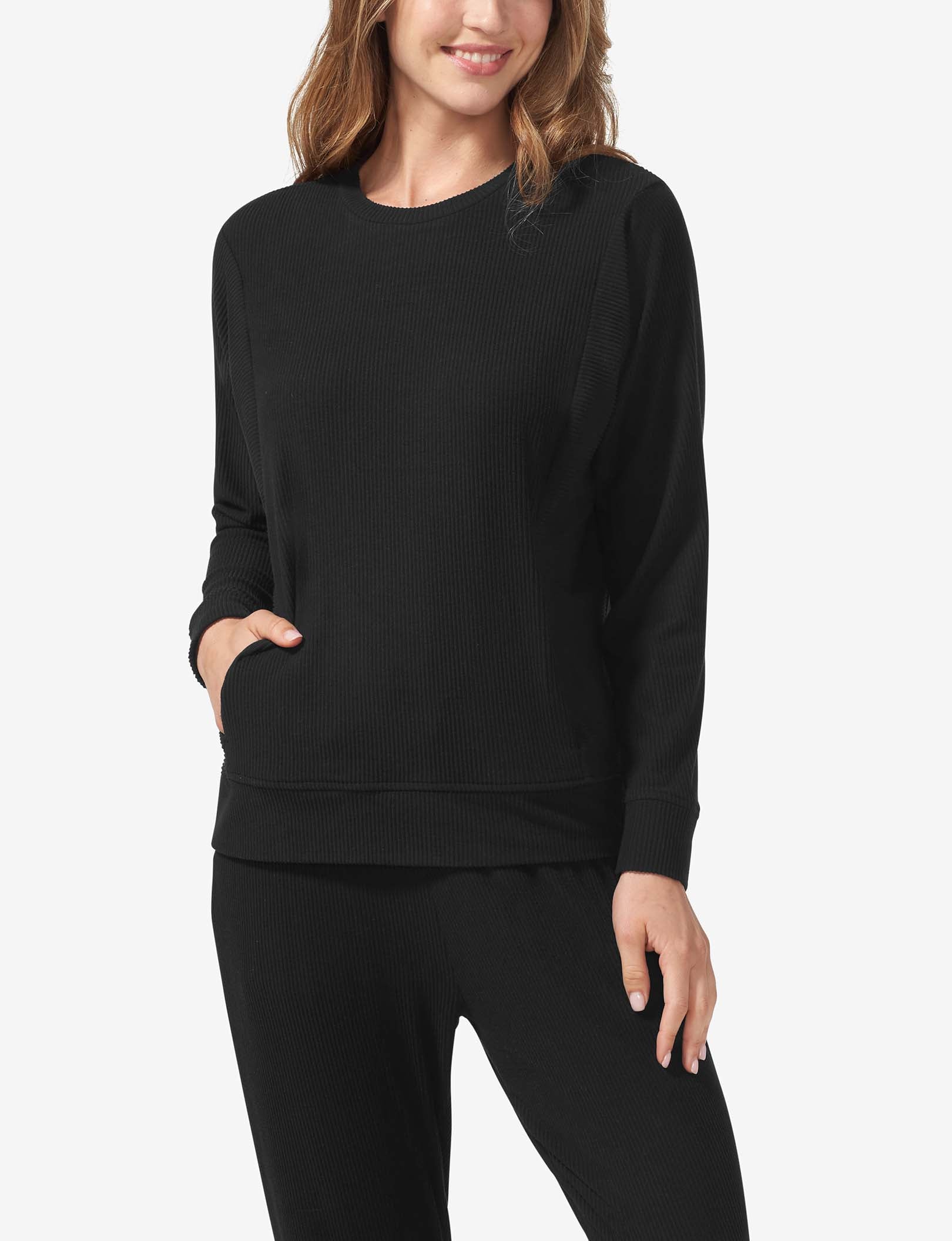 Women's Zen Ribbed Crew Neck Sweatshirt::Black
