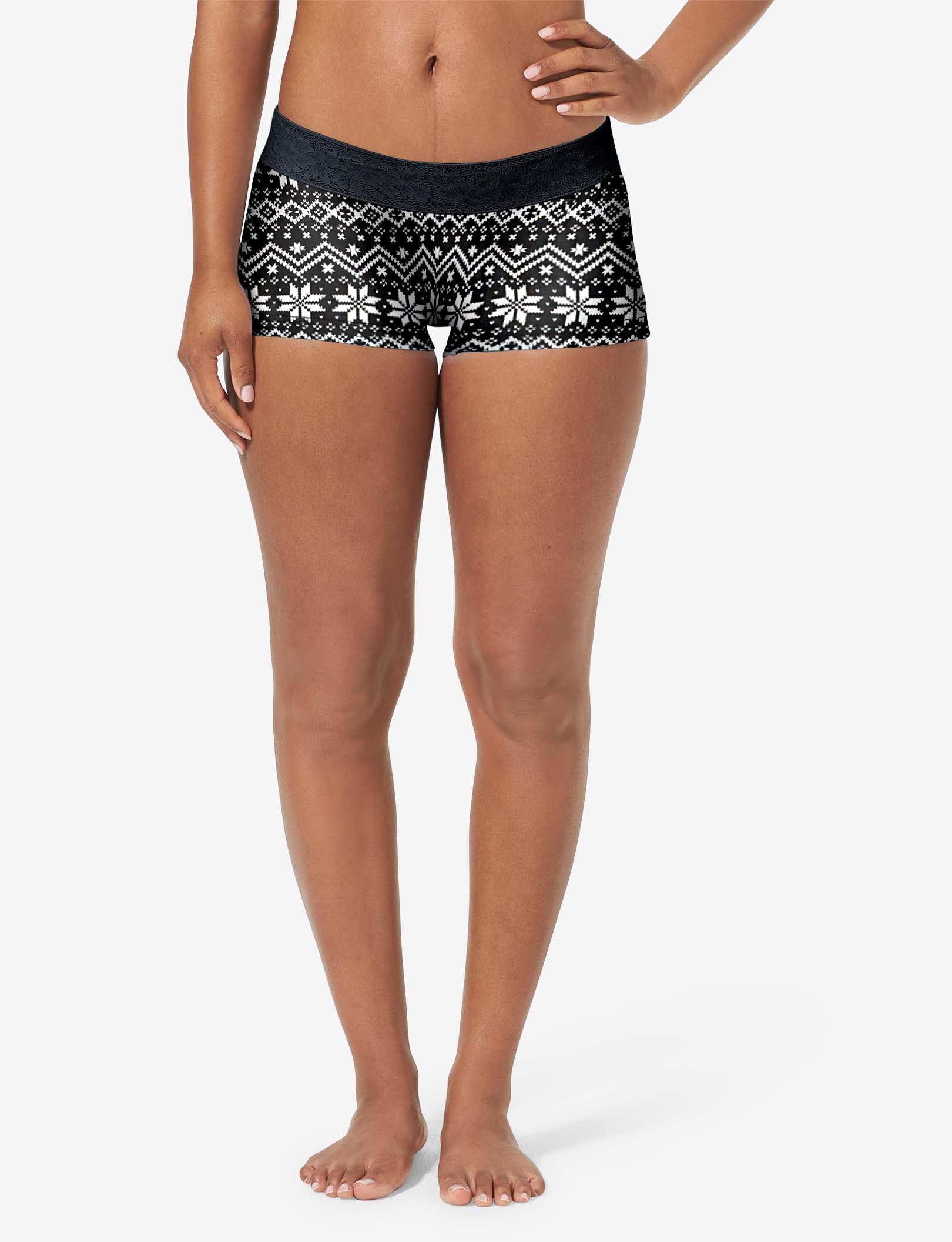 Women's Second Skin Boyshort, Lace Waist::Black Vintage Sweater Lace Waist