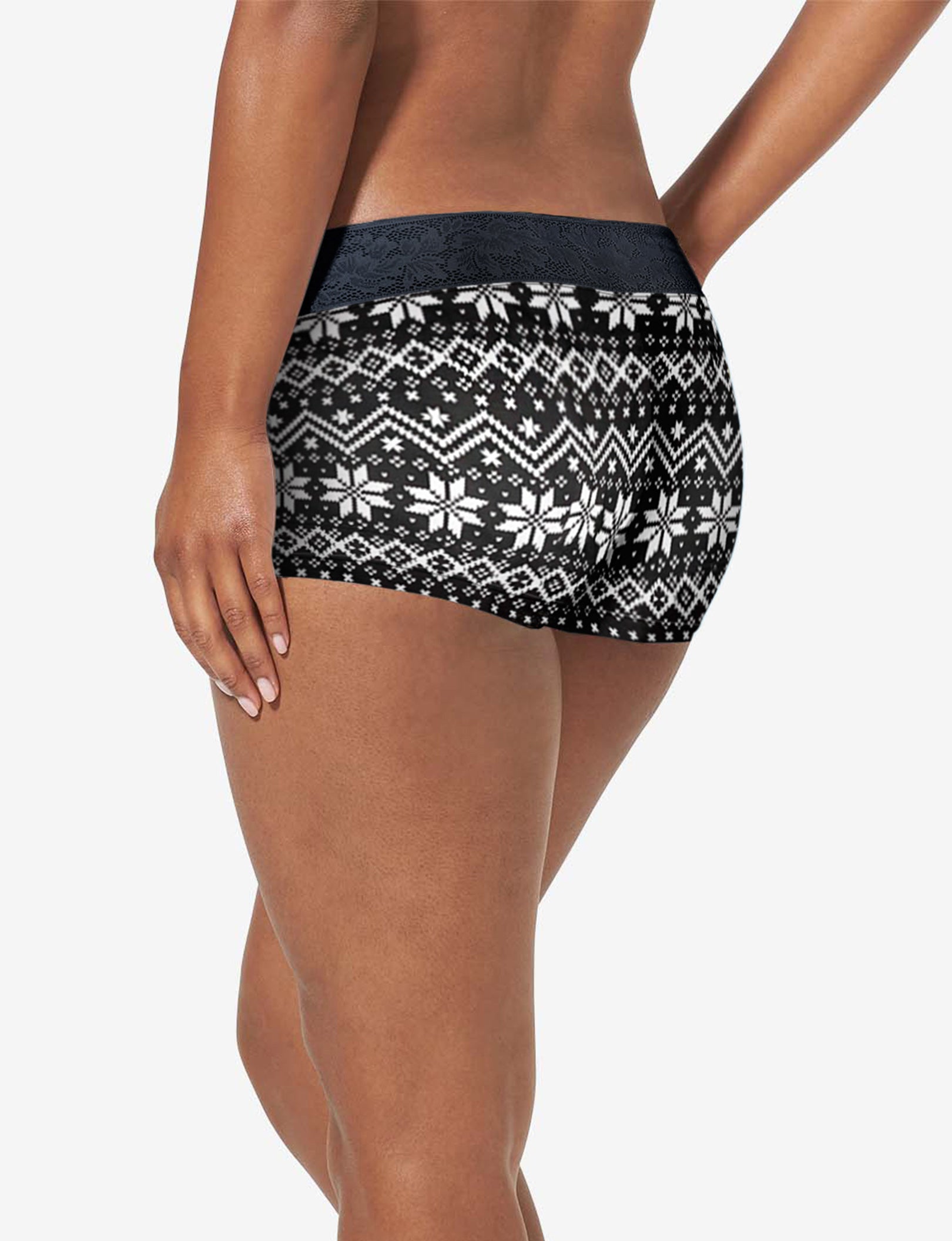 Women's Second Skin Boyshort, Lace Waist::Black Vintage Sweater Lace Waist