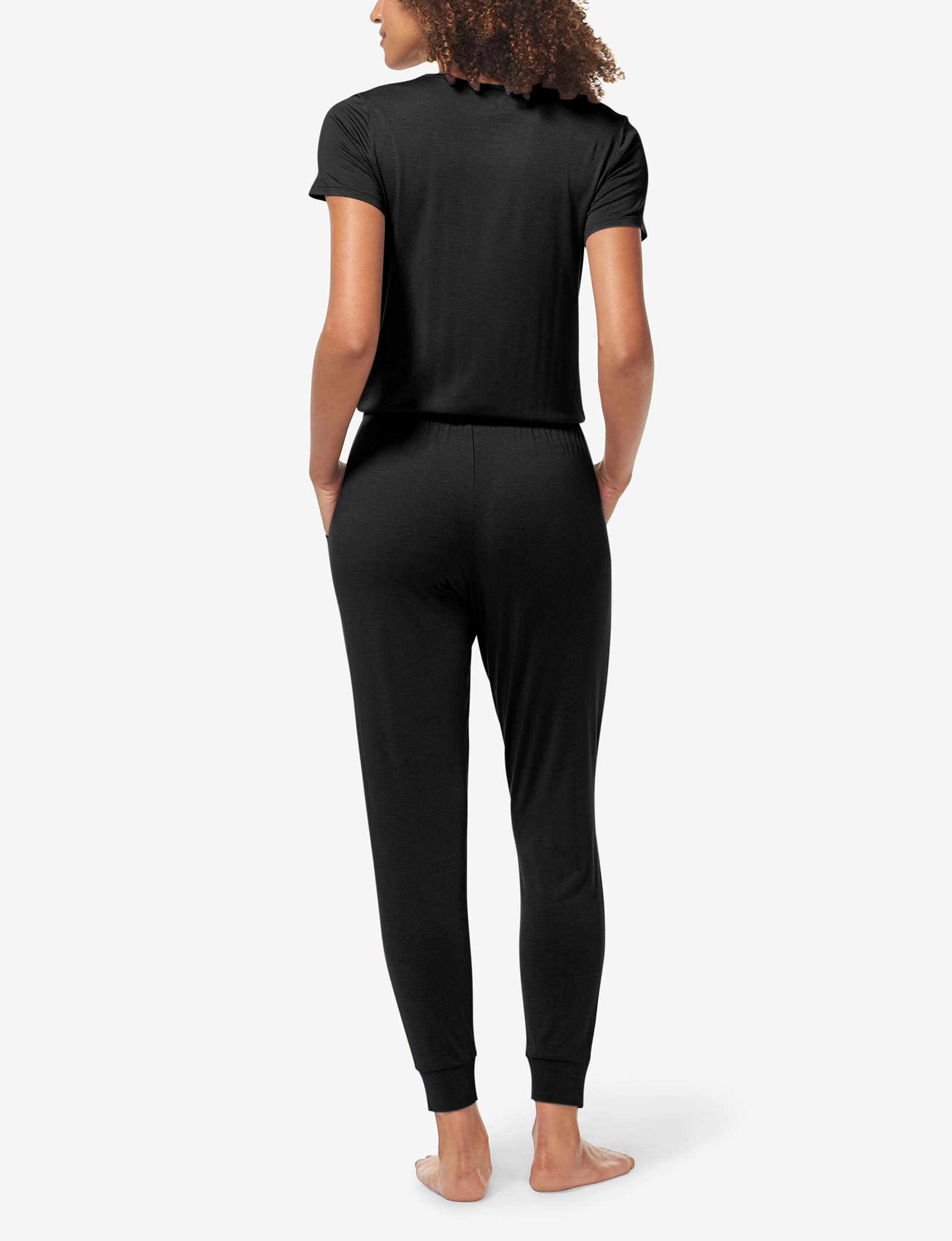 Women's Short Sleeve Lounge Jumpsuit::Black