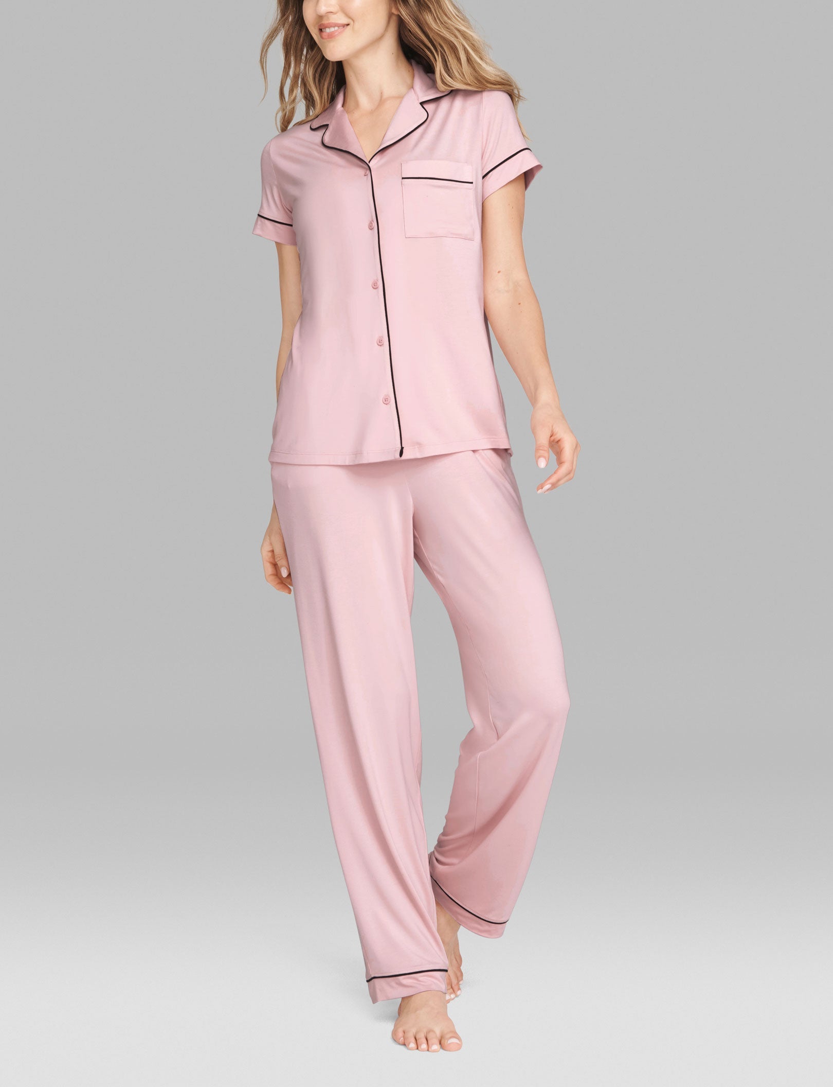 Women's Short Sleeve Top & Pant Pajama Set::Peachskin