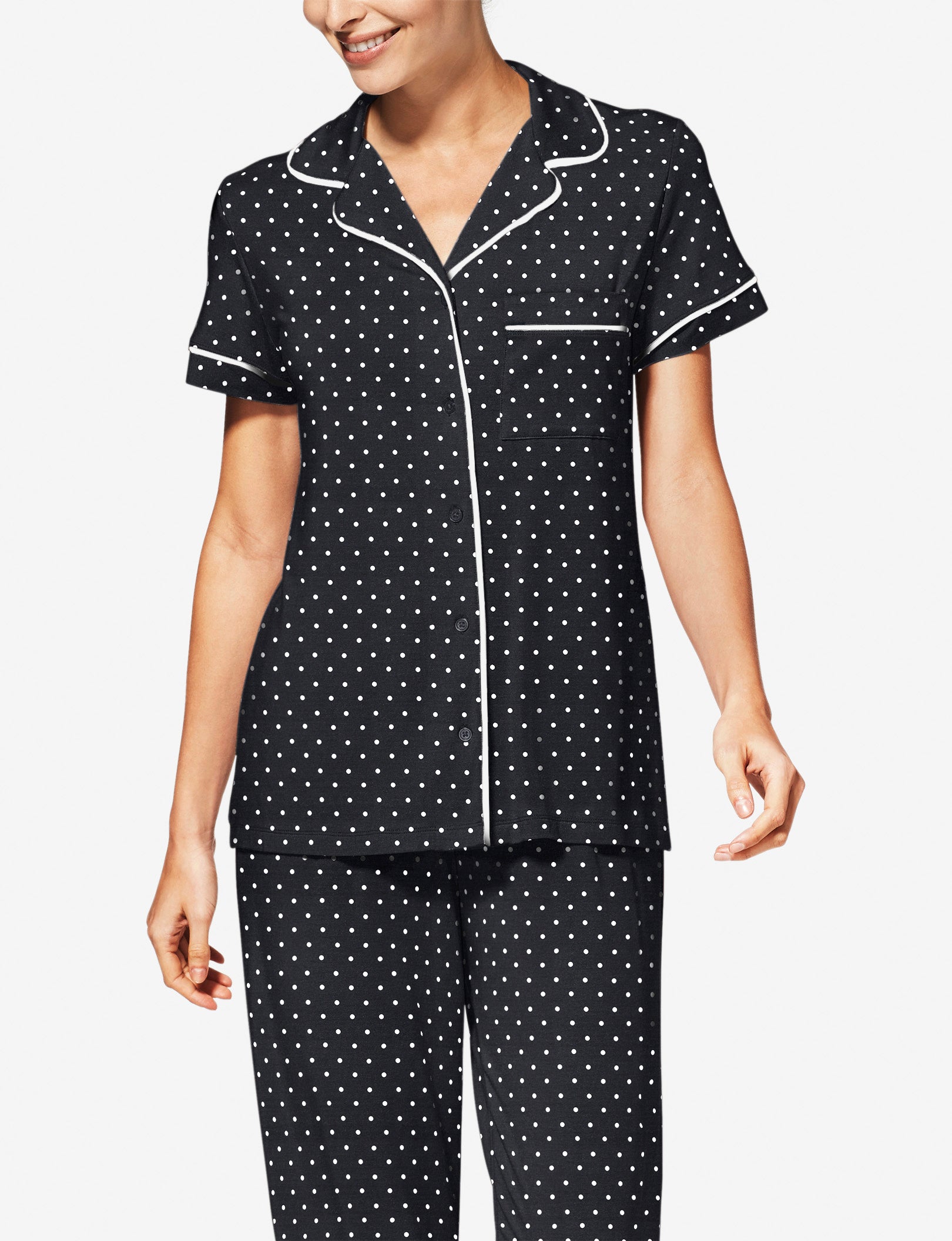 Women's Short Sleeve Top & Pant Pajama Set::Black Polka Dot