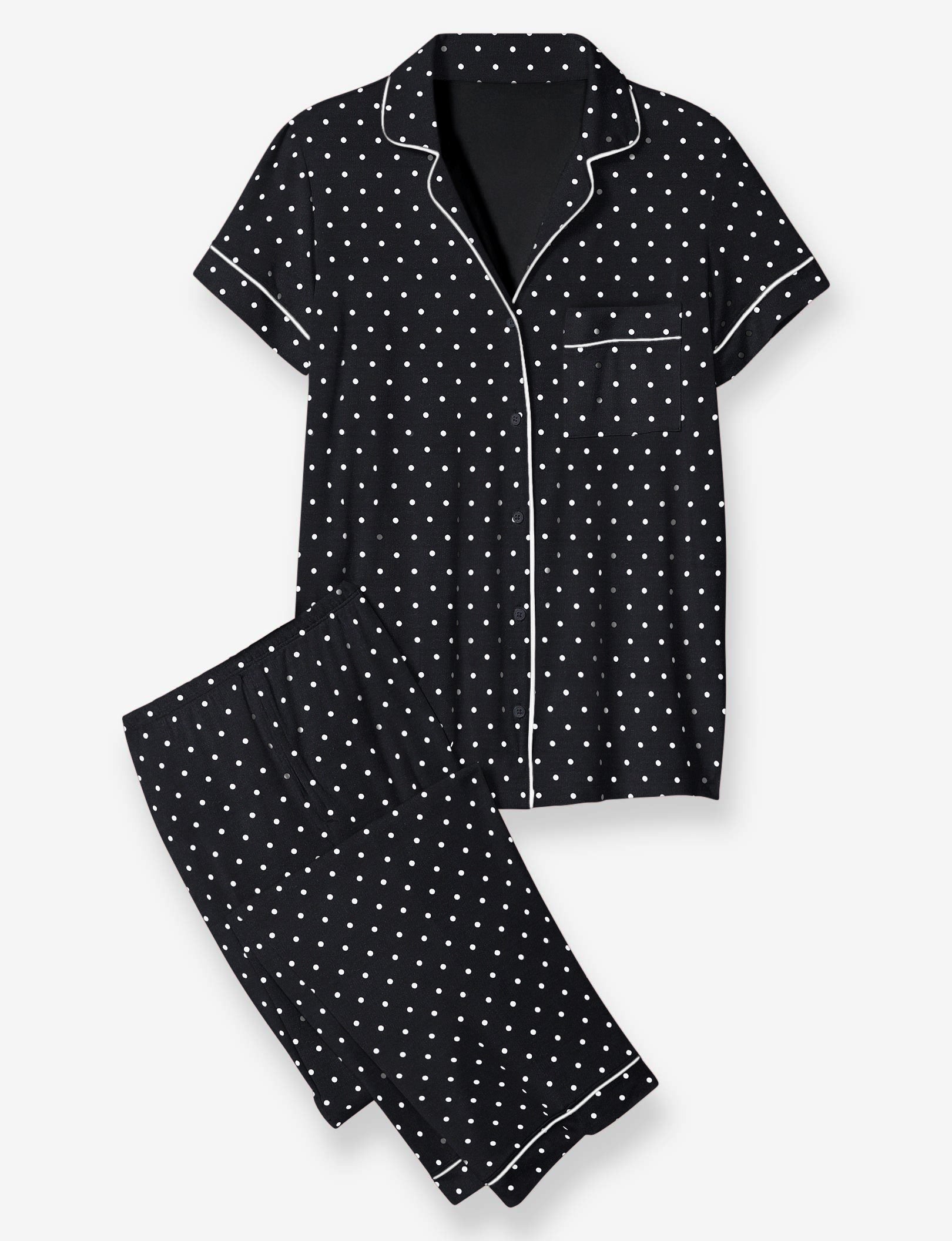 Women's Short Sleeve Top & Pant Pajama Set::Black Polka Dot