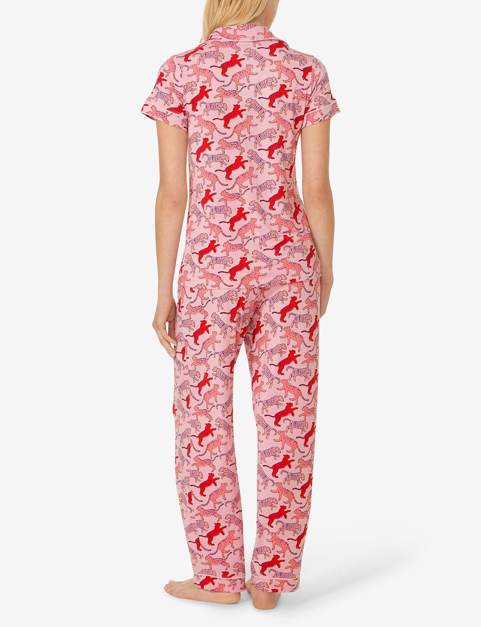 Women's Short Sleeve Top & Pant Pajama Set::Blush Big Cat