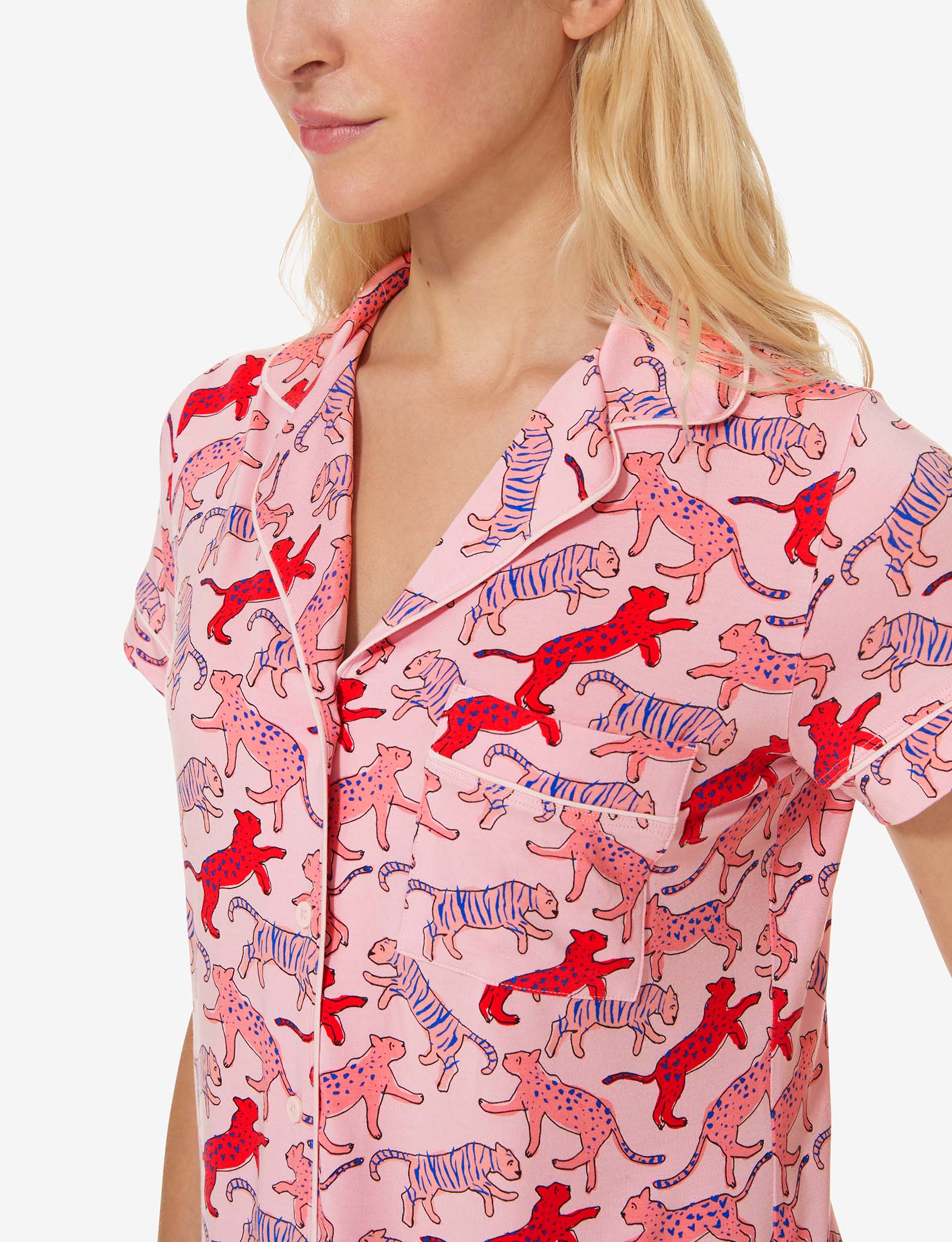 Women's Short Sleeve Top & Pant Pajama Set::Blush Big Cat