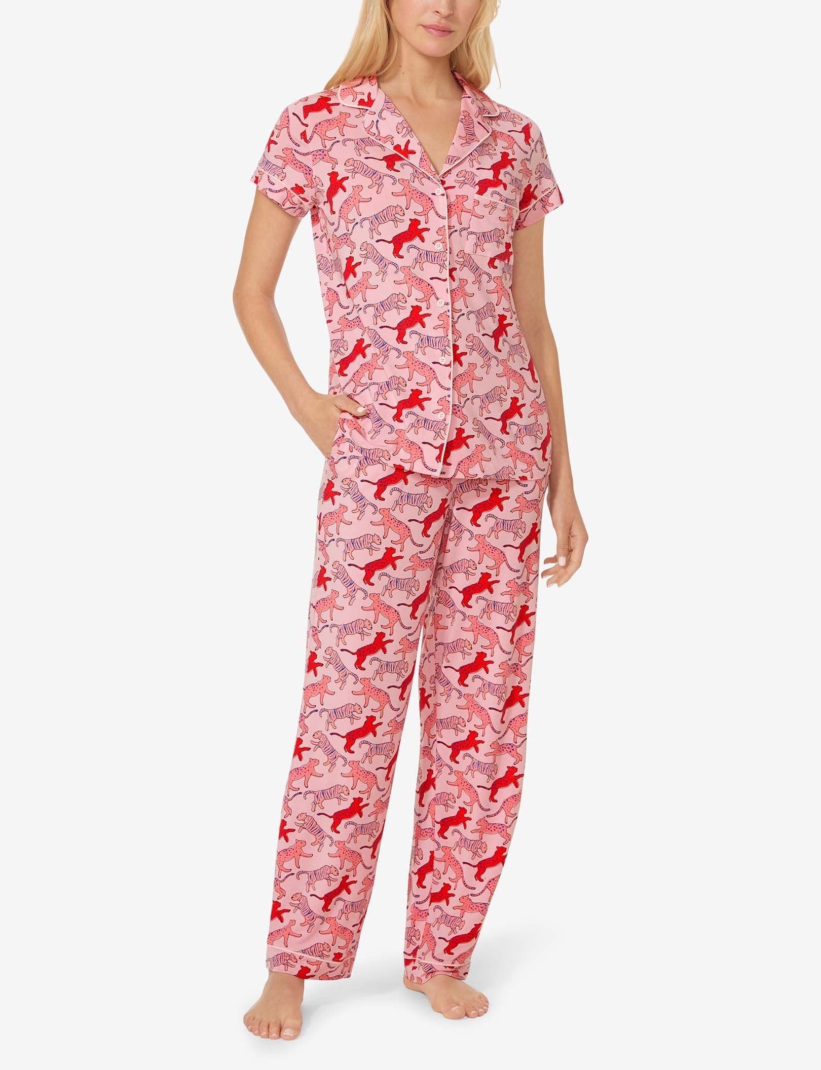Women's Short Sleeve Top & Pant Pajama Set::Blush Big Cat