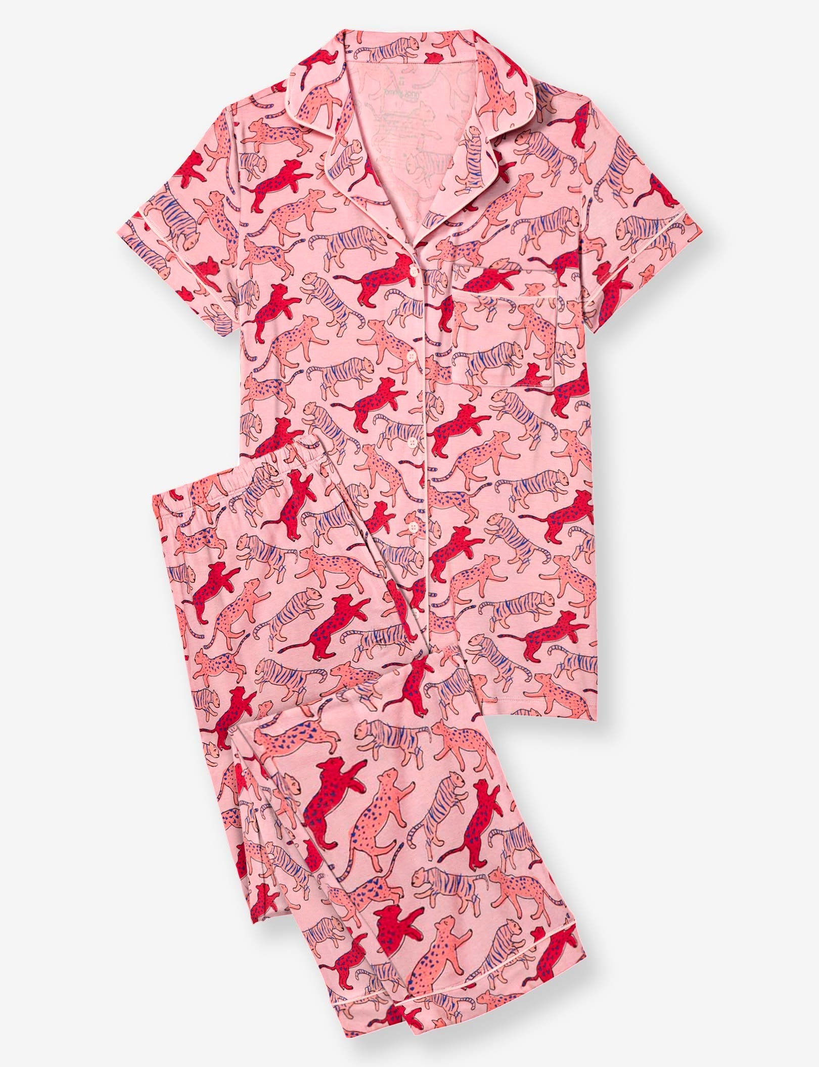 Women's Short Sleeve Top & Pant Pajama Set::Blush Big Cat