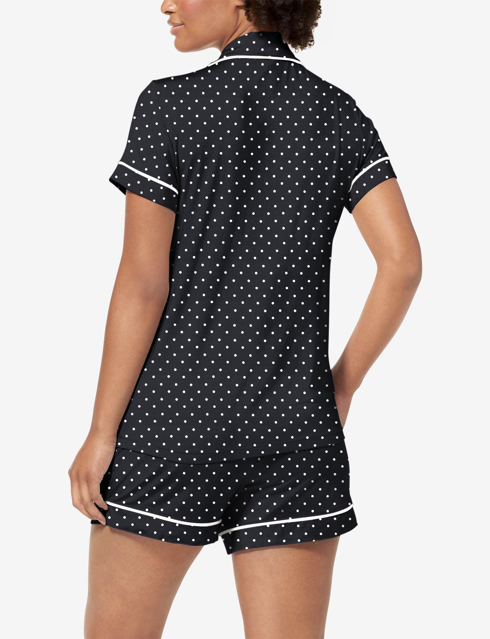 Women's Short Sleeve Top & Short Pajama Set::Black Polka Dot