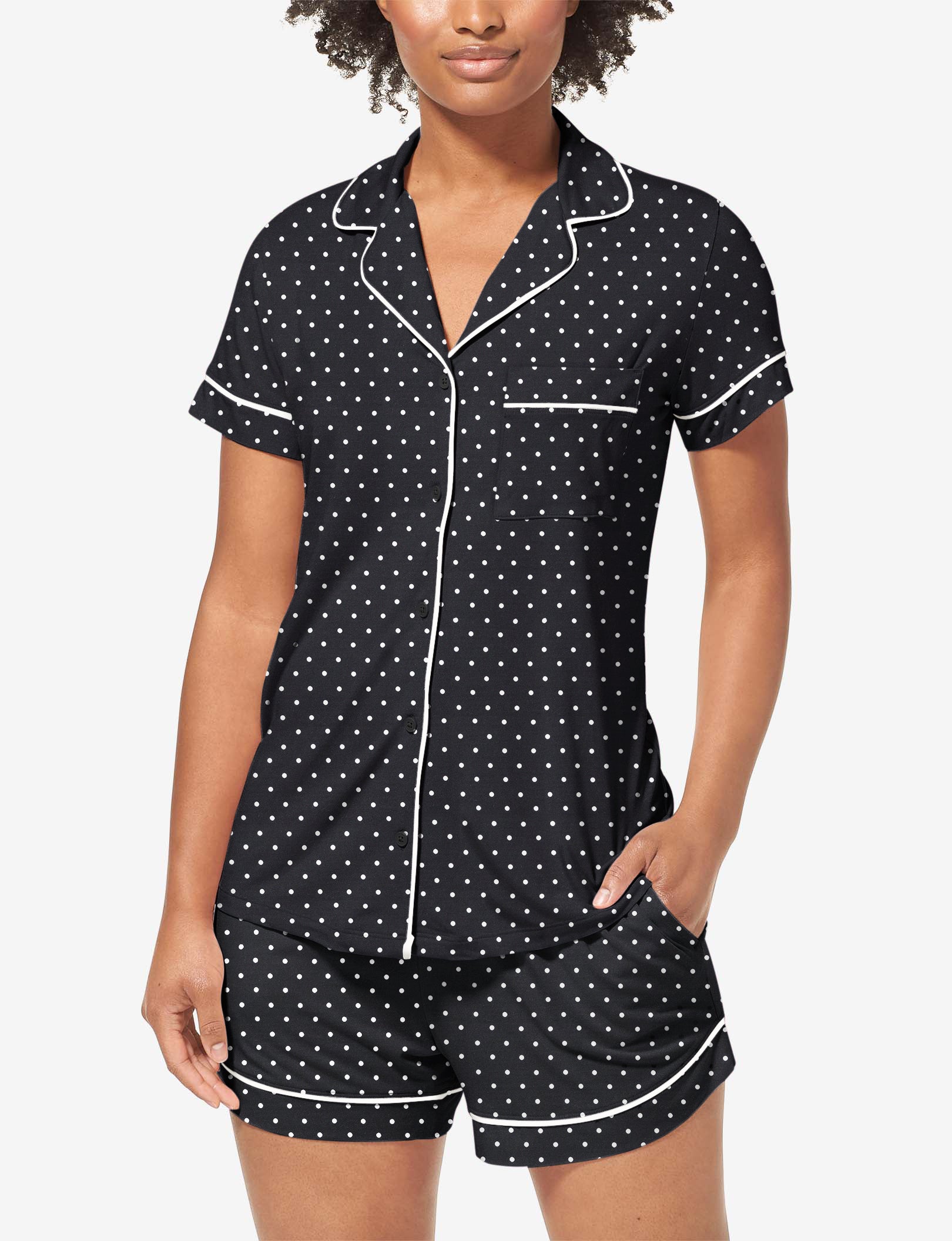 Women's Short Sleeve Top & Short Pajama Set::Black Polka Dot