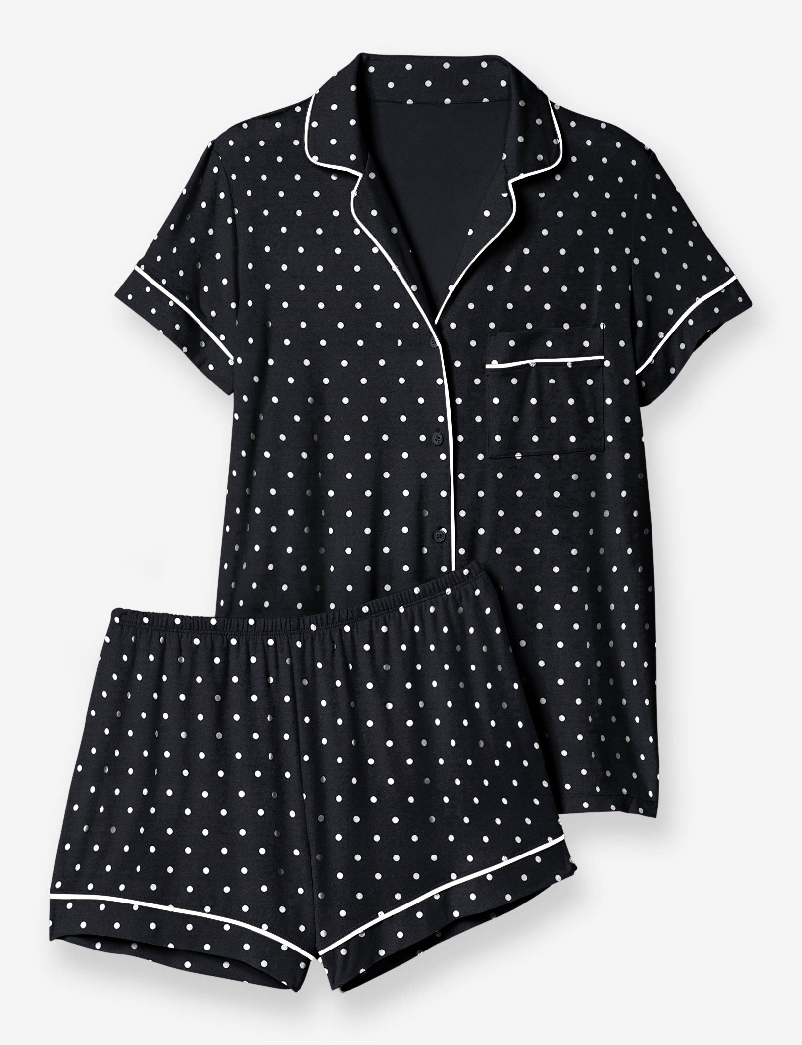 Women's Short Sleeve Top & Short Pajama Set::Black Polka Dot