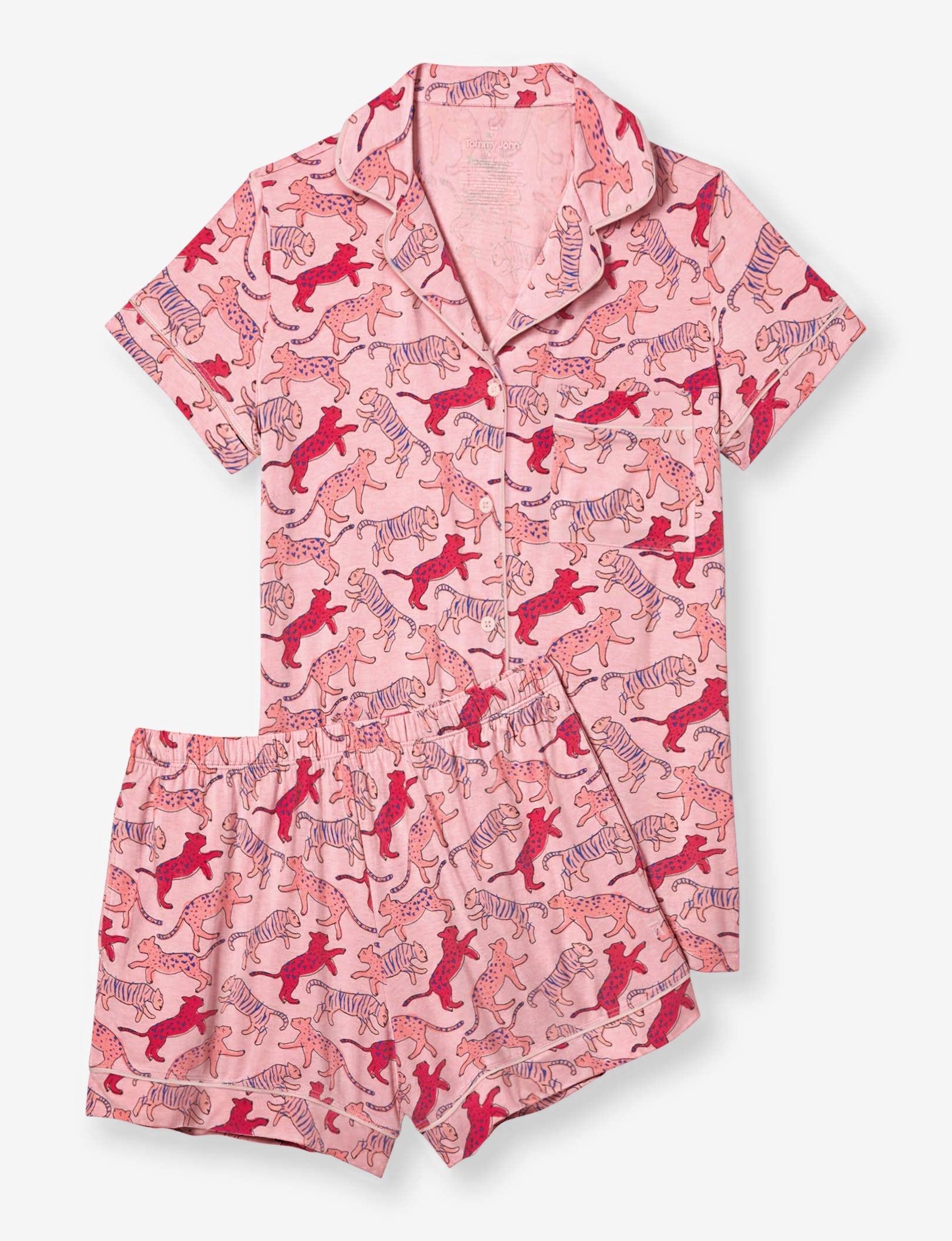 Women's Short Sleeve Top & Short Pajama Set::Blush Big Cat