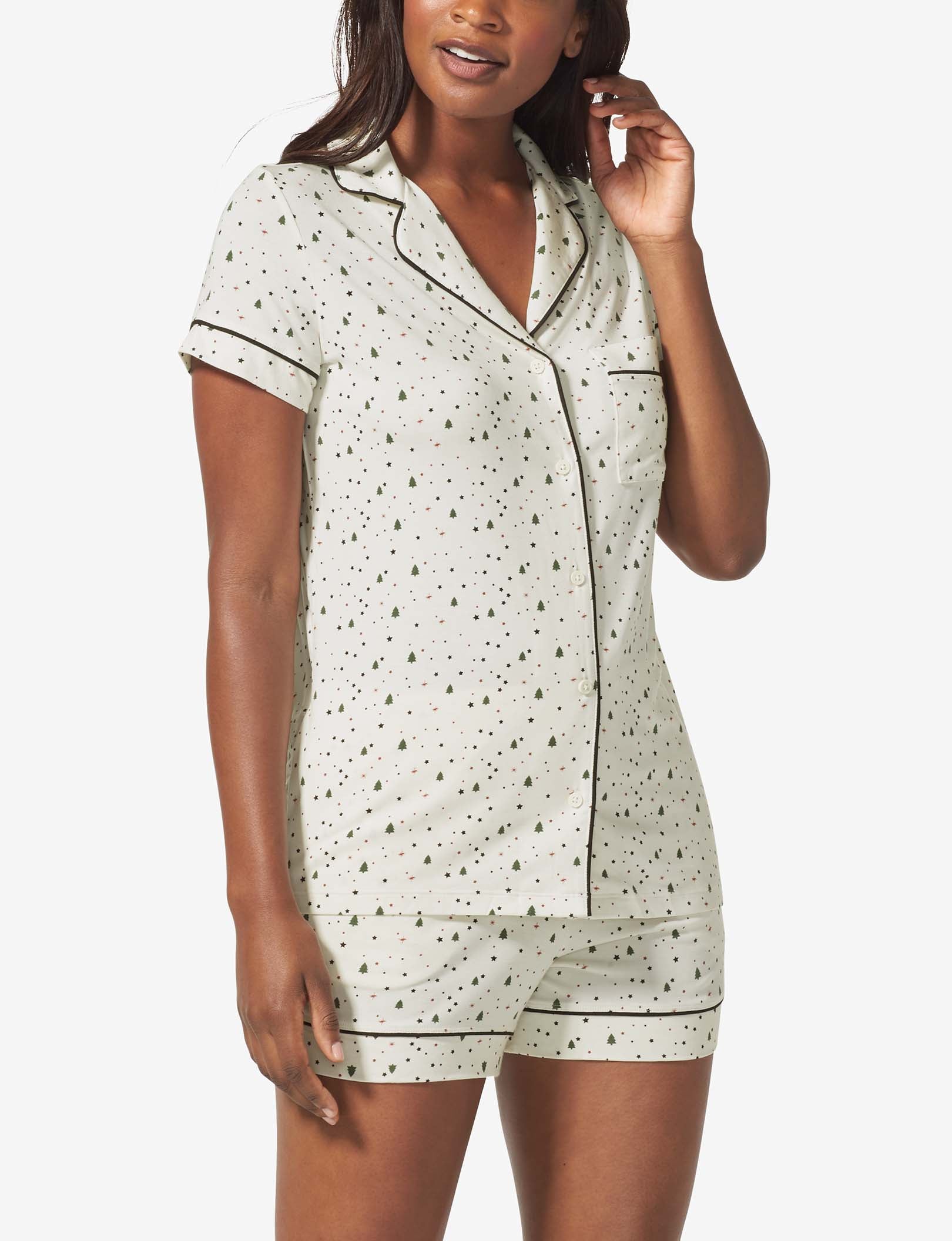 Women's Short Sleeve Top & Short Pajama Set::Coconut Milk Pine Dream