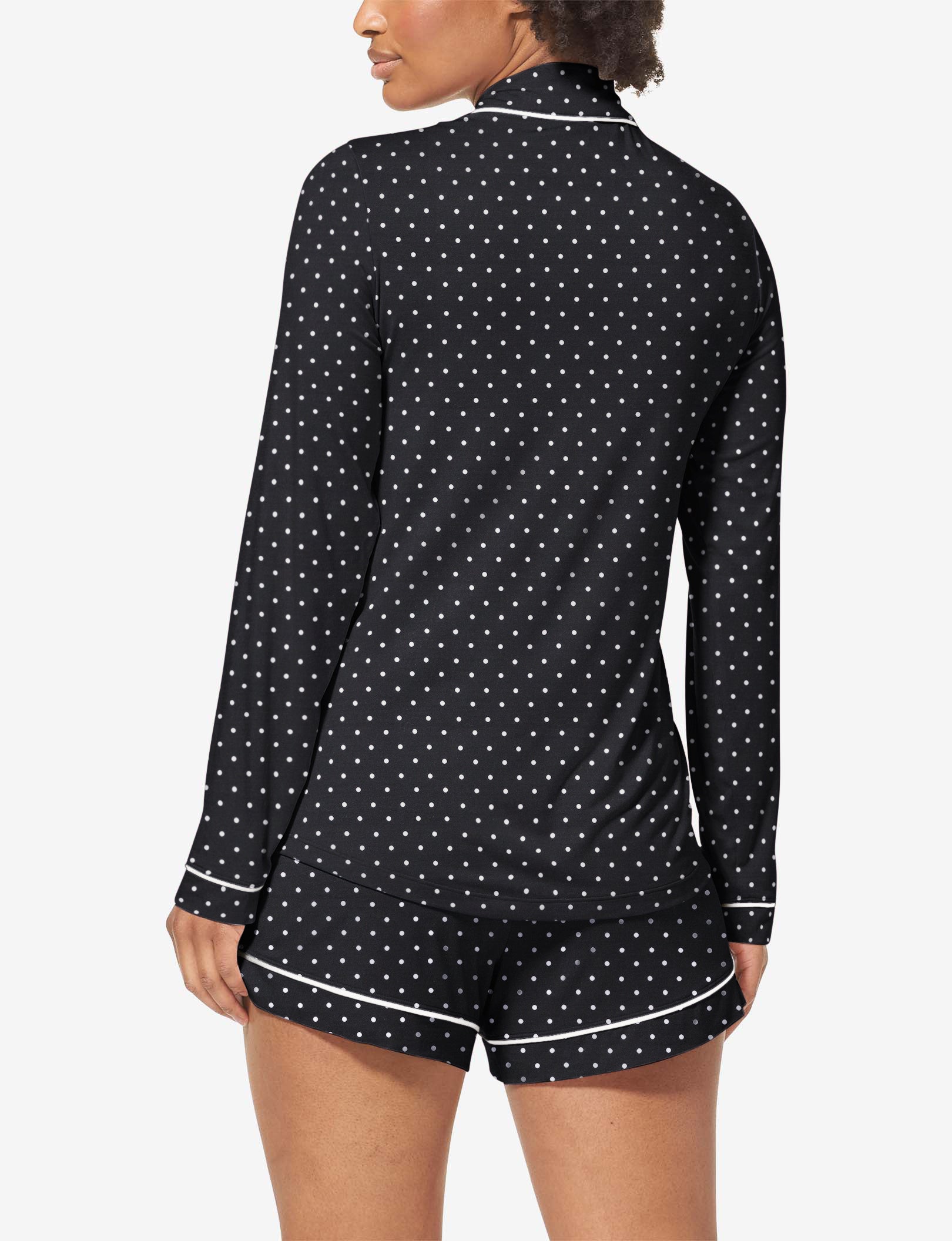 Women's Long Sleeve Top & Short Pajama Set::Black Polka Dot