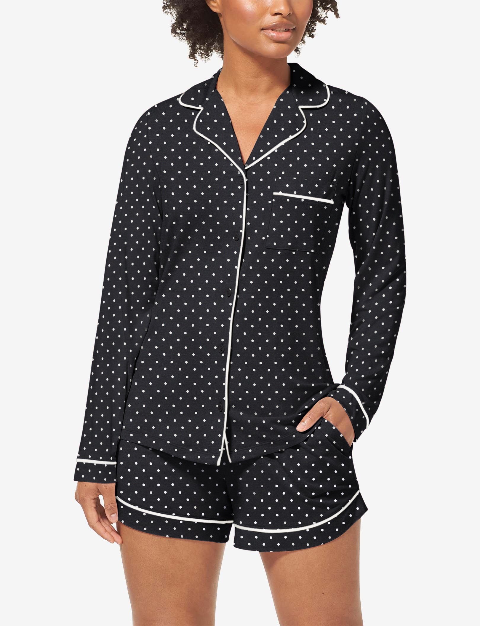 Women's Long Sleeve Top & Short Pajama Set::Black Polka Dot